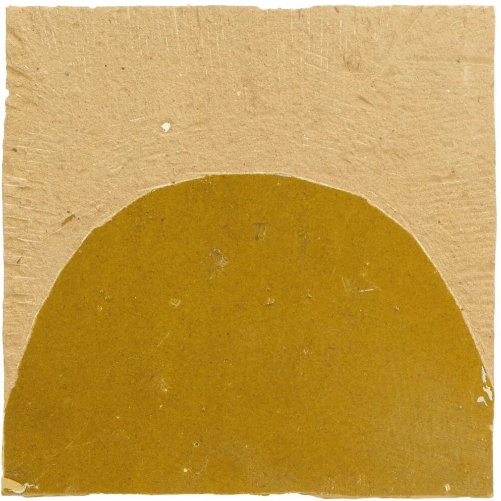 Medina ochre belen handmade Moroccan zellige tile with textured mustard-yellow semi-circular ceramic and rough beige border