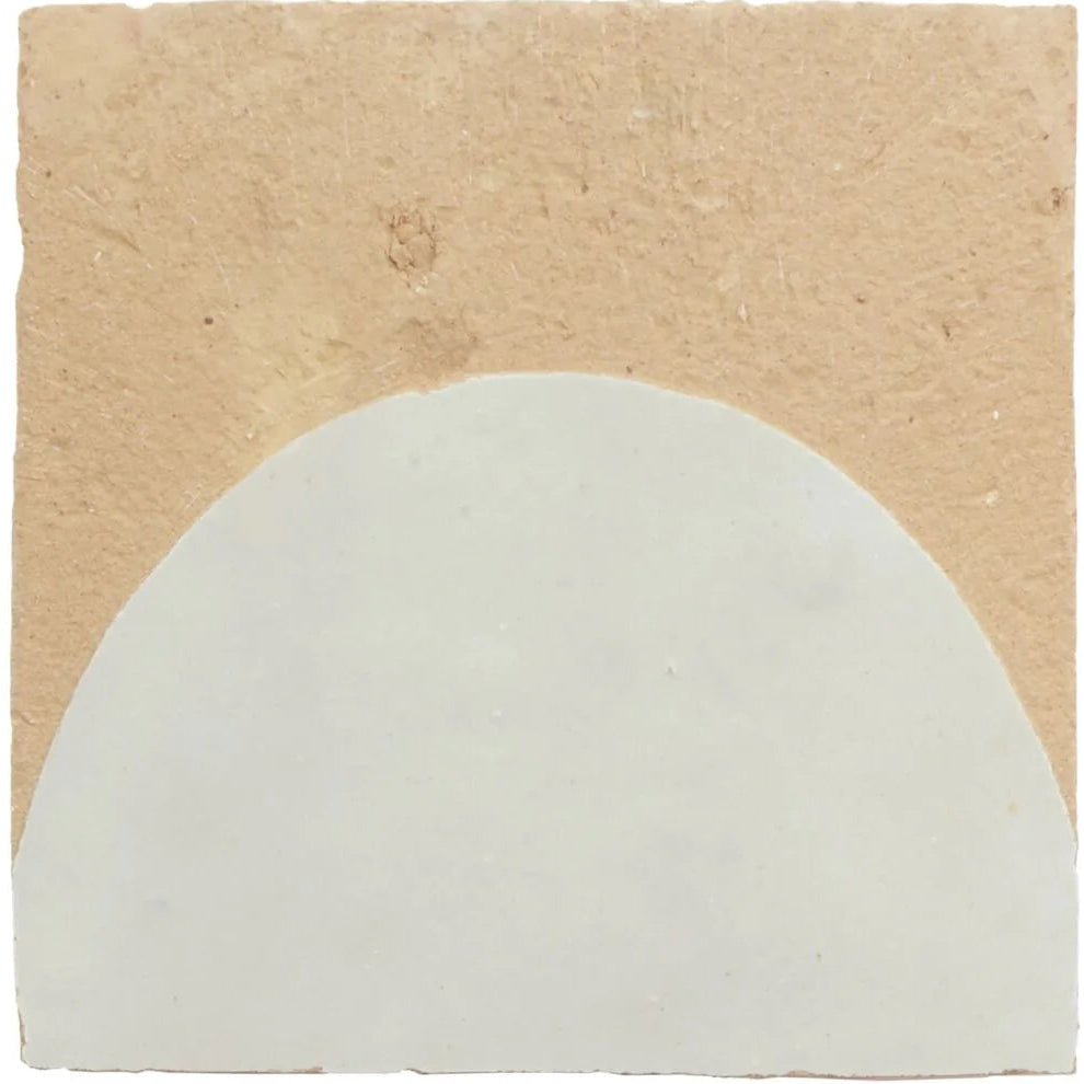 Medina pure white belen handmade moroccan zellige tile smooth off-white ceramic tile with rounded top edge on beige background