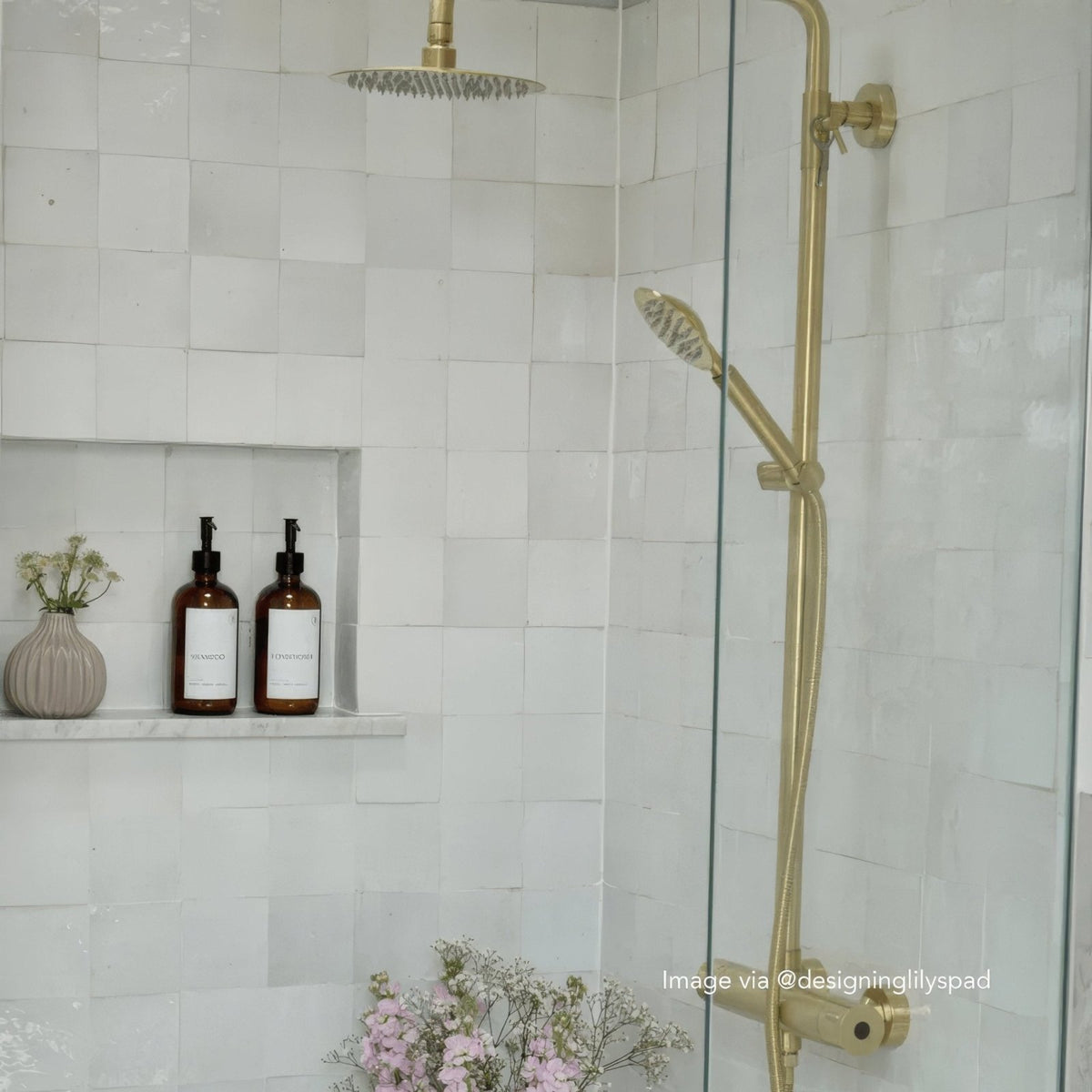 Medina Pure White Square Handmade Moroccan Zellige Tile off-white zellige tile with a gold showerhead