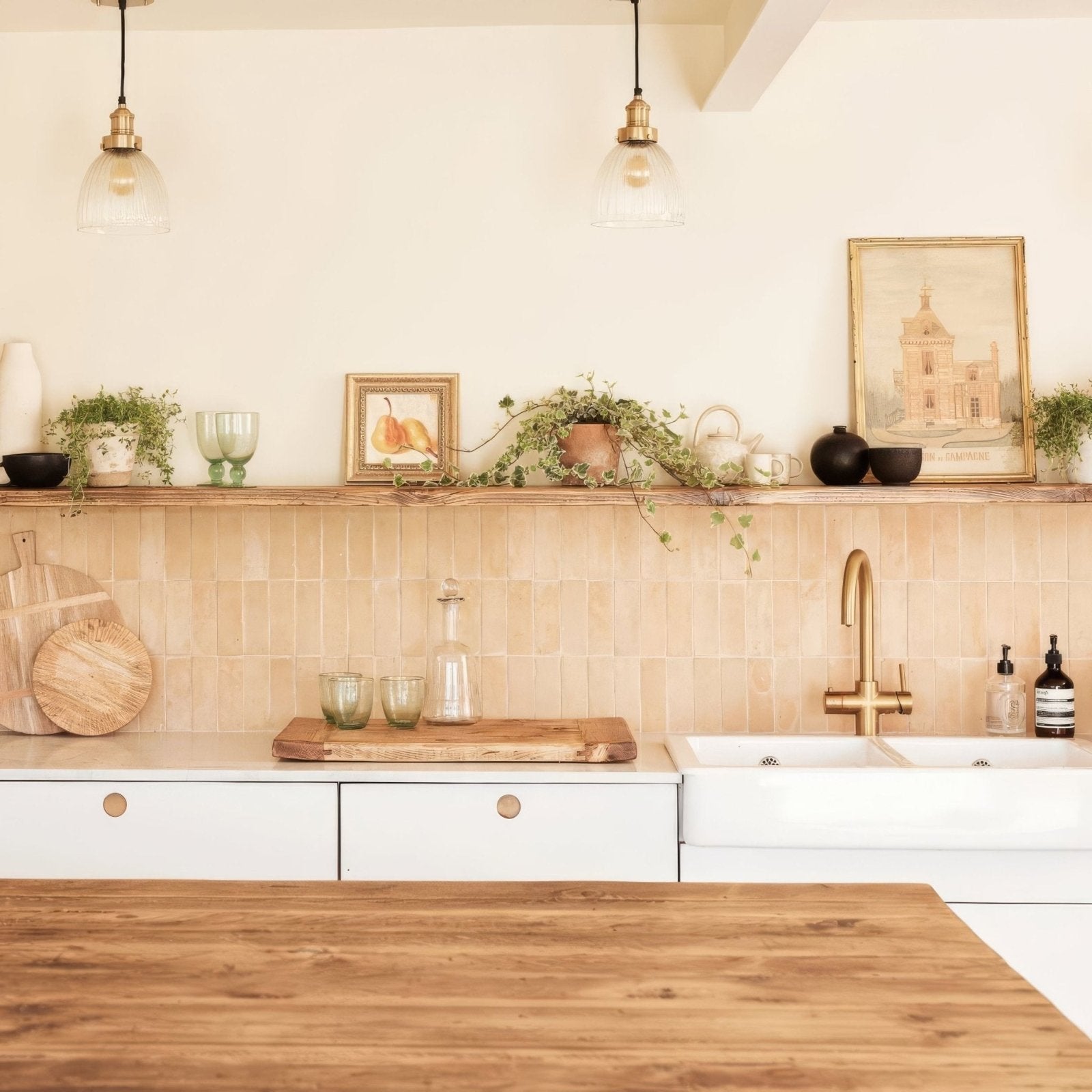 White farmhouse sink with polished brass faucet featuring medina raw zellige rectangle design in ceramic material