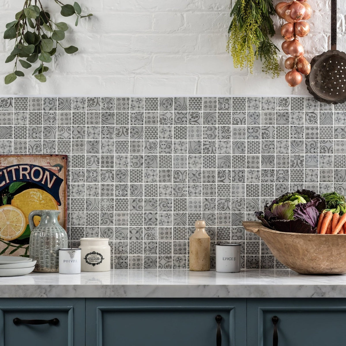Gray medine patterned mosaic tile backsplash featuring intricate repeating geometric patterns for wall decor