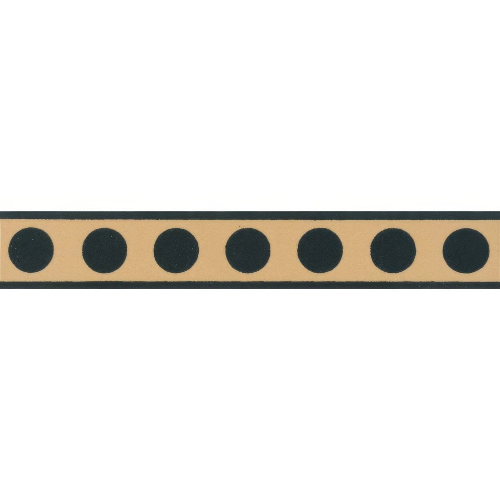Beige melbourne border with evenly spaced black circular dots on buff fabric for decorative accents