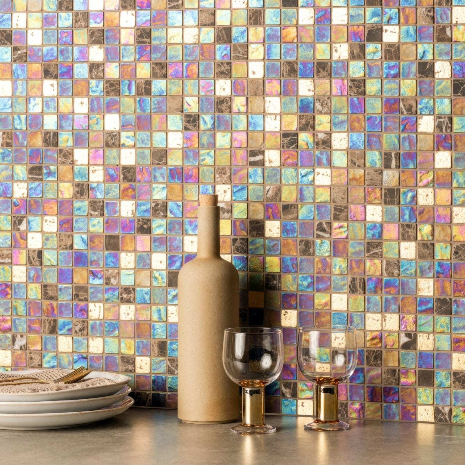 Beige ceramic bottle with cork stopper featured in mellow therapy glass mosaic product design