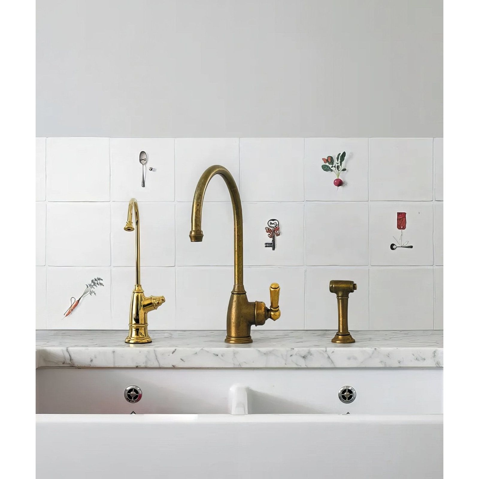 Antique brass kitchen faucet with a curved spout and ornate handle from Menagerie Ceramic by Michael Angove
