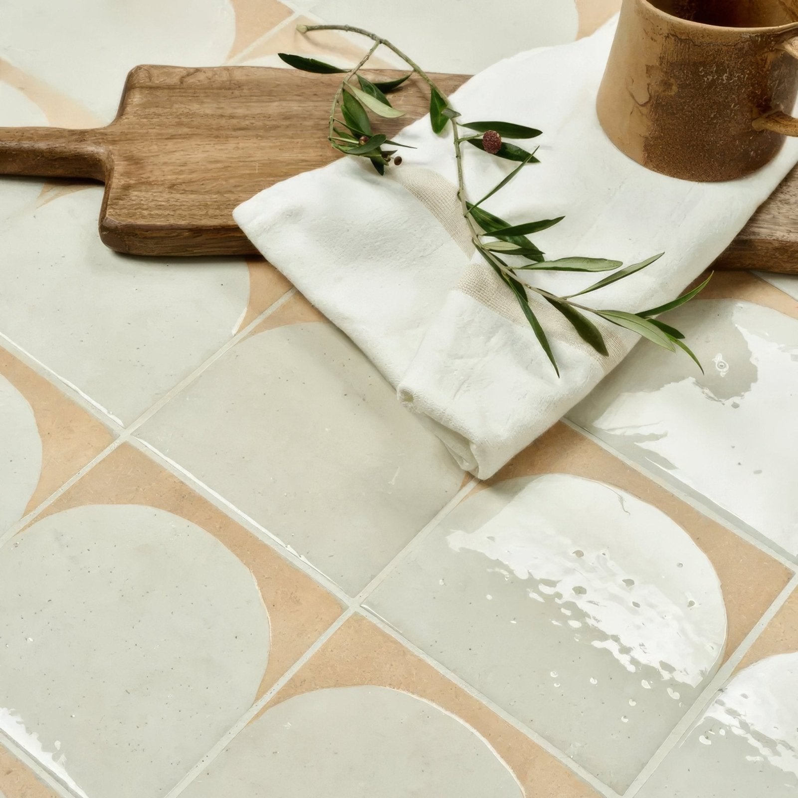 Menara white arches porcelain ceramic tiles in beige and white with a matte handcrafted geometric pattern