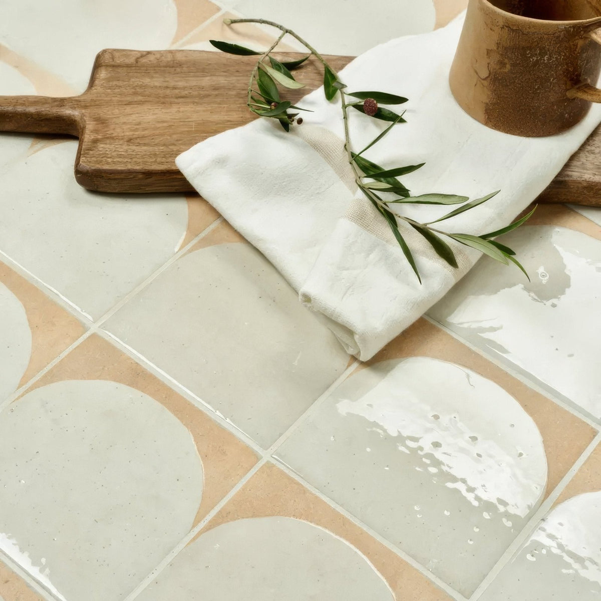 Menara white arches porcelain ceramic tiles in beige and white with a matte handcrafted geometric pattern
