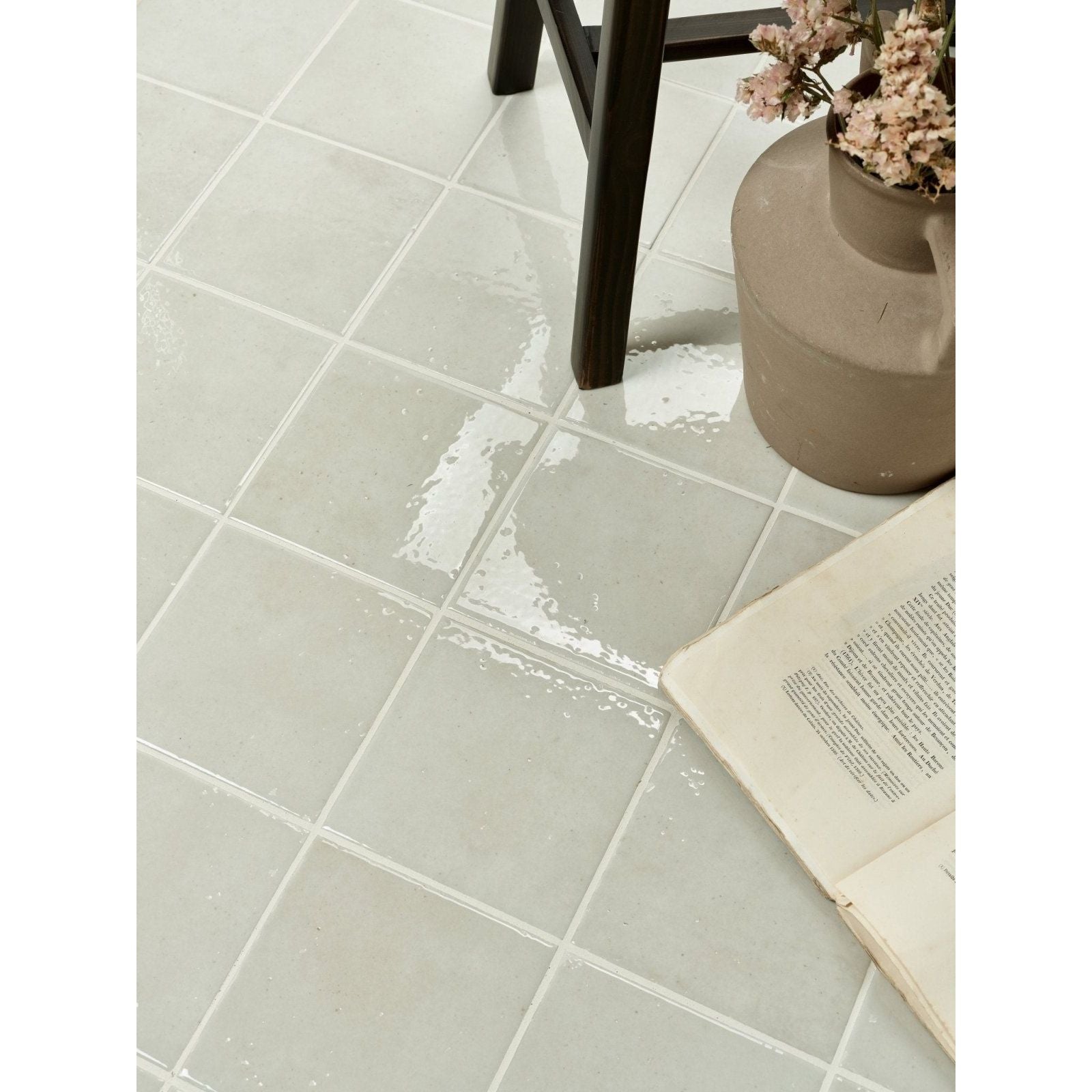 Menara white porcelain gloss light gray square ceramic floor tiles with subtle glossy finish and thin white grout lines