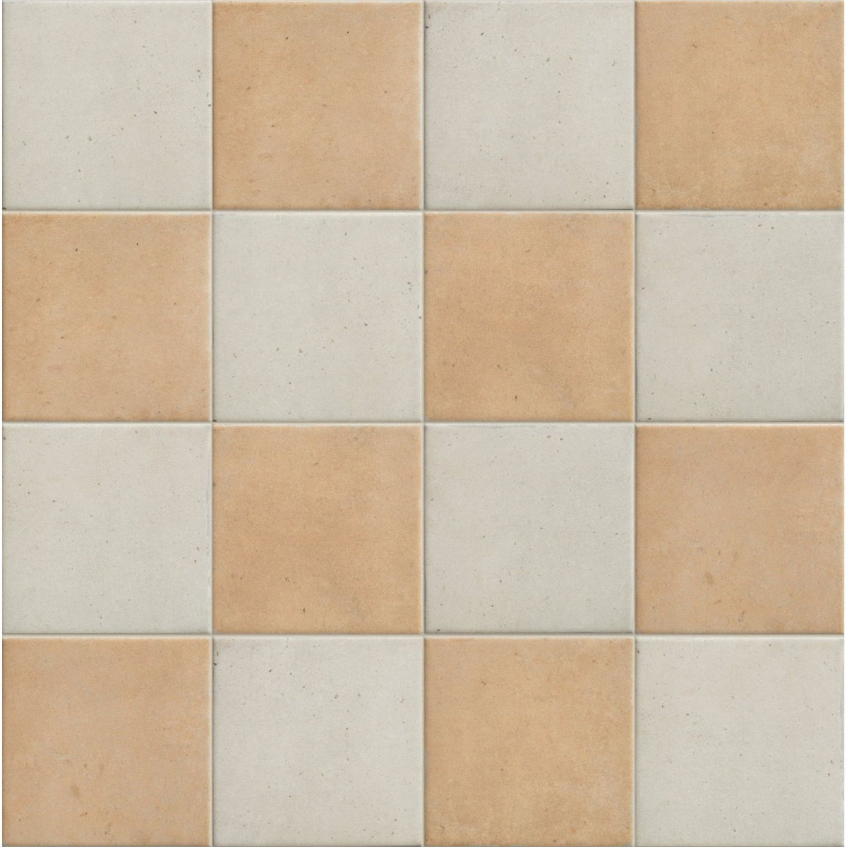 Menara white porcelain matt square tiles in a creamy white and warm beige checkerboard pattern with natural texture