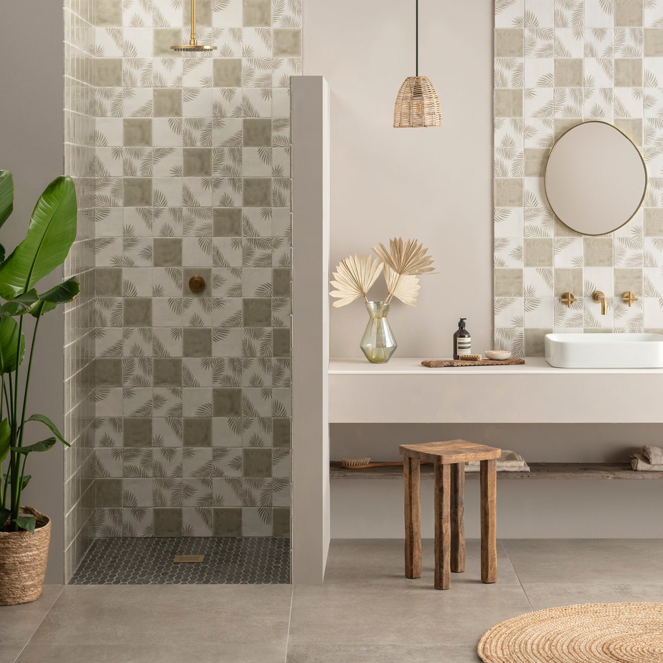 Beige and gray palm leaf patterned mere field tile with matte finish and square shape for wall or floor use