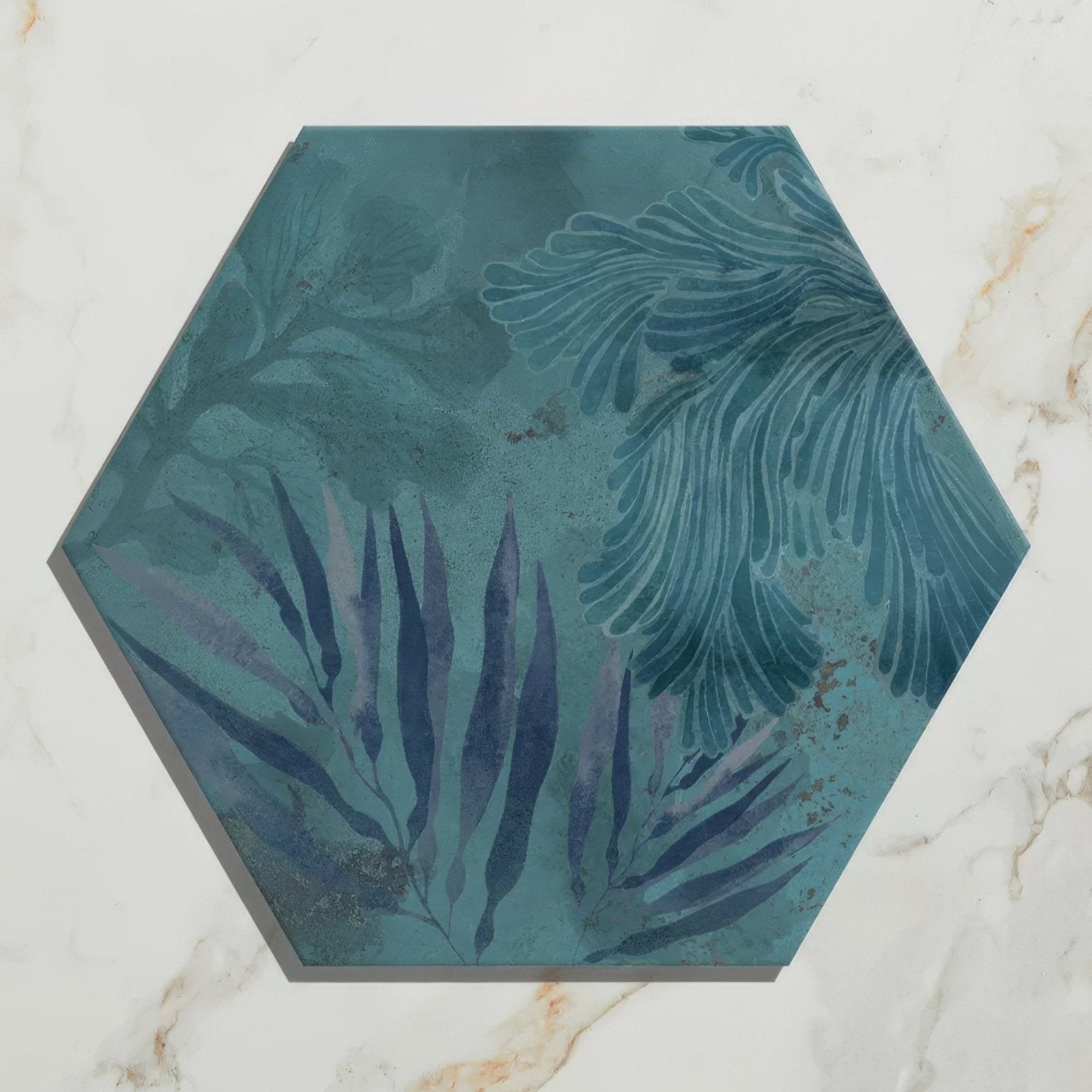 Hexagonal porcelain tile mermaids garden with teal and blue botanical fern leaf pattern for decorative use