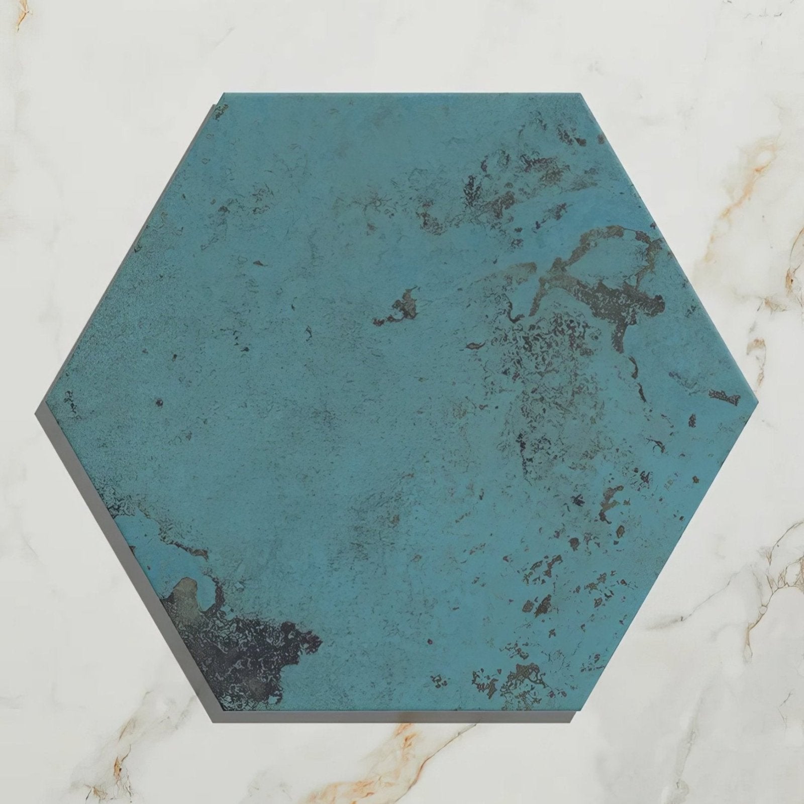 Hexagonal turquoise porcelain tile with distressed patina finish from mermaids garden collection