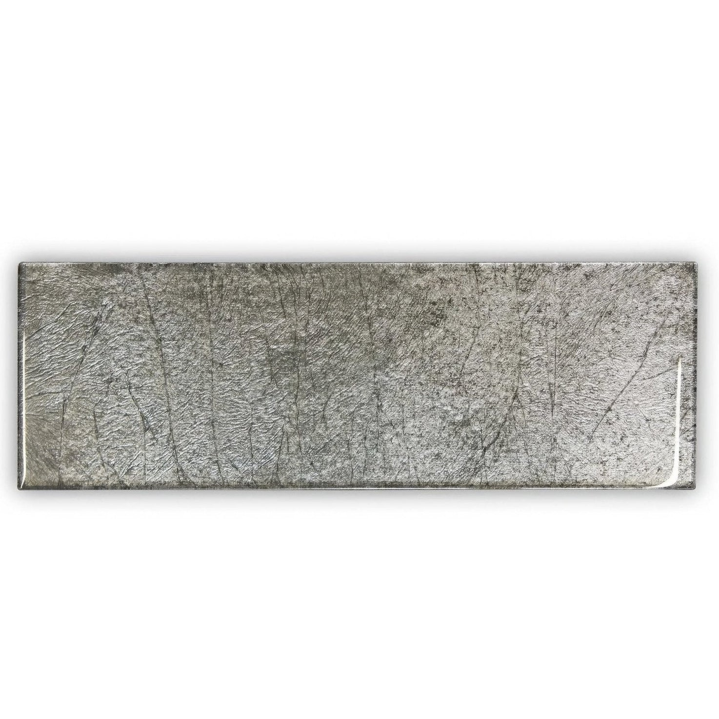Silver metallic rectangular glass tile with a textured scratched surface finish from metallic vitreum argentum collection