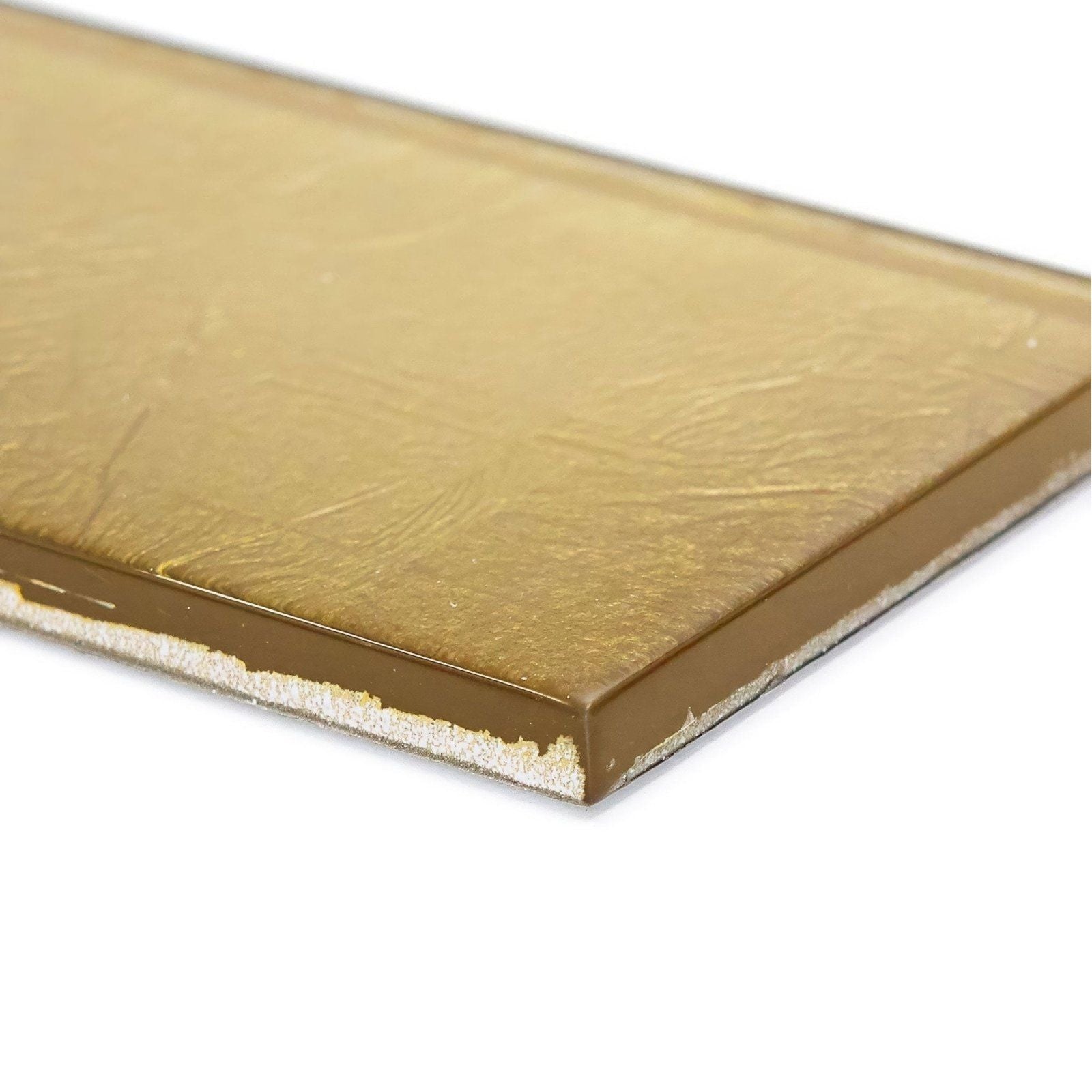 Metallic vitreum aurum rectangle gold glass tile with textured distressed gold finish and detailed edges