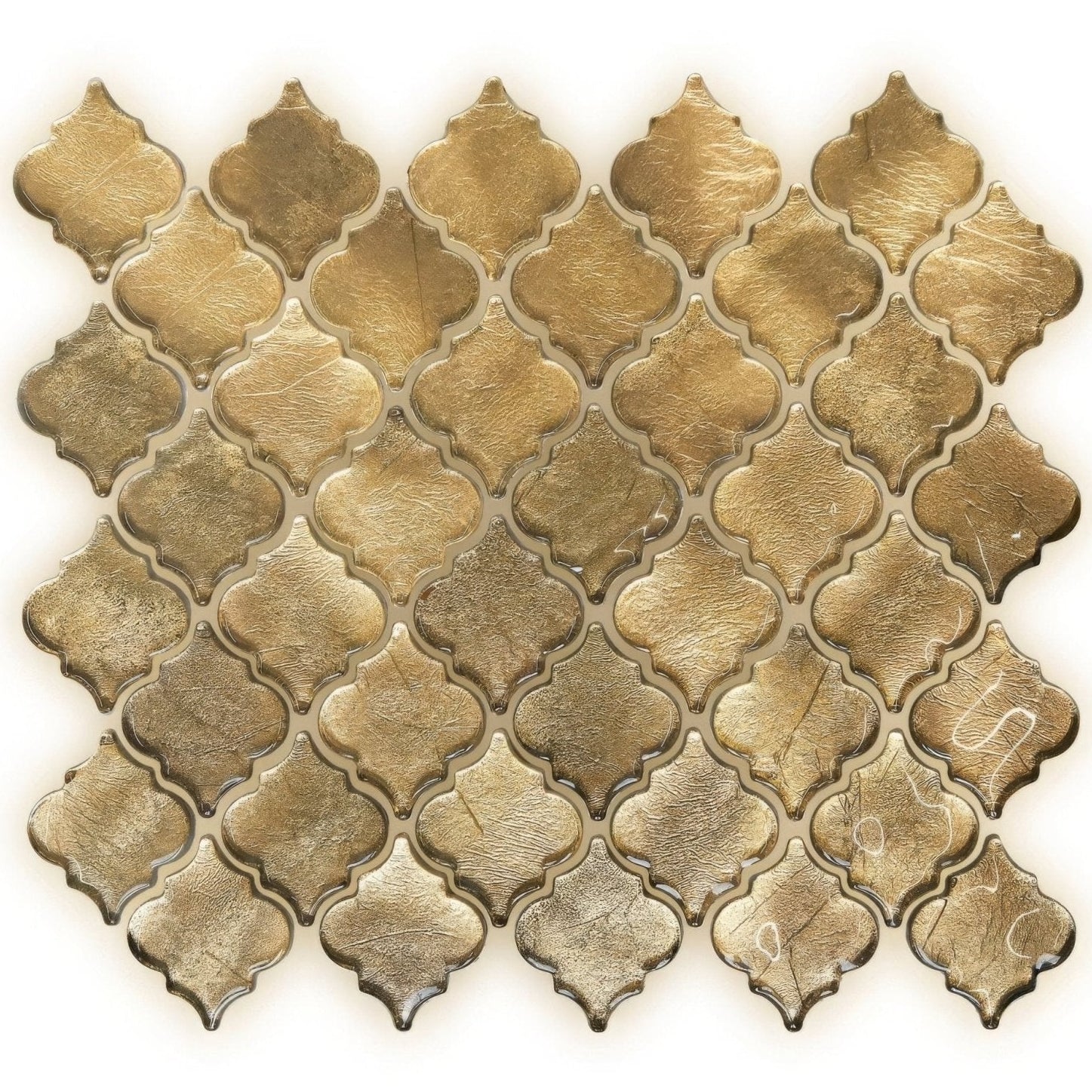 Metallic vitreum aurum arabesque gold glass tile featuring gold-toned textured mosaic tiles with quatrefoil design