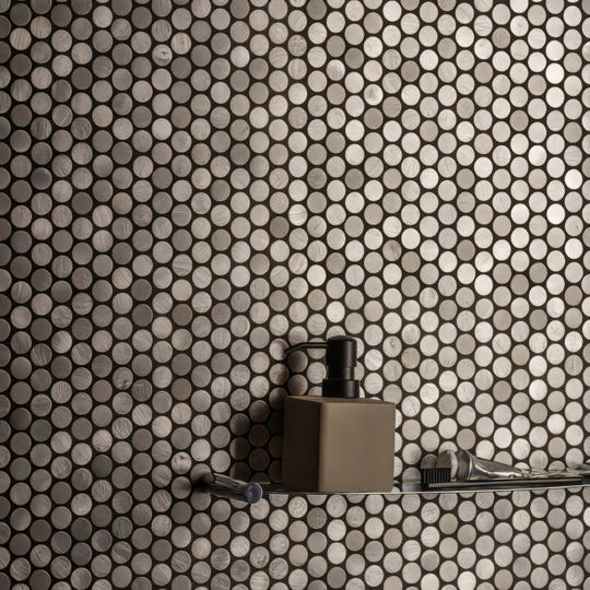 Methone Silver Mixed Finish Penny Round silver penny round mosaic with a taupe soap dispenser