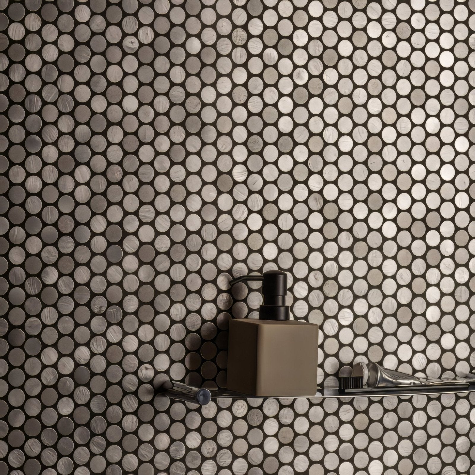 Methone Silver Mixed Finish Penny Round silver penny round mosaic with a taupe soap dispenser