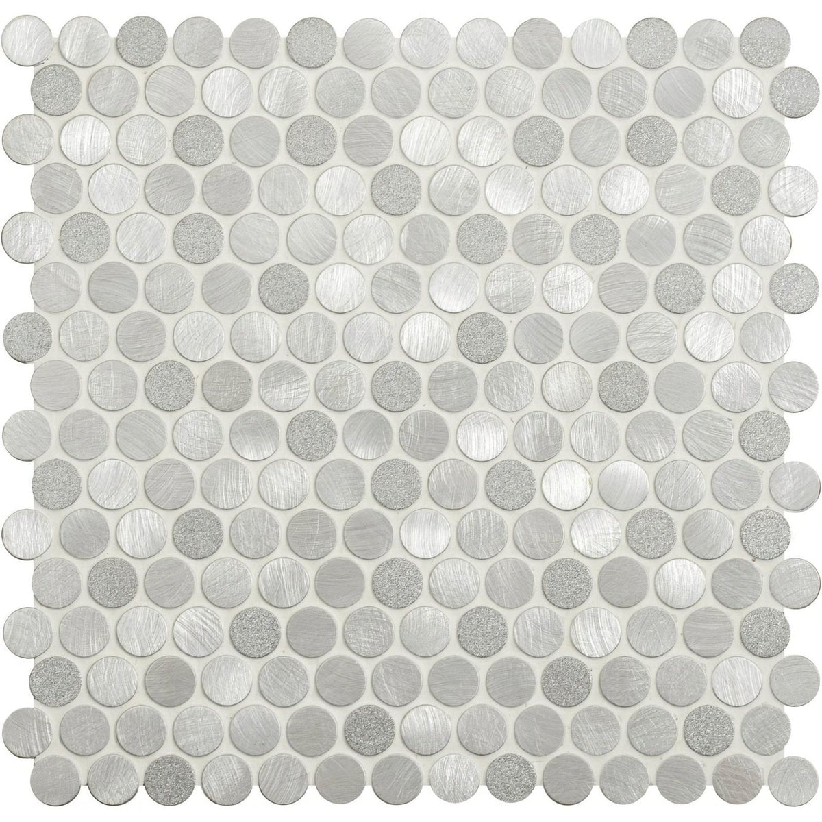 Methone silver mixed finish penny round tile featuring silver metallic circular mosaic with brushed finish and subtle texture variation