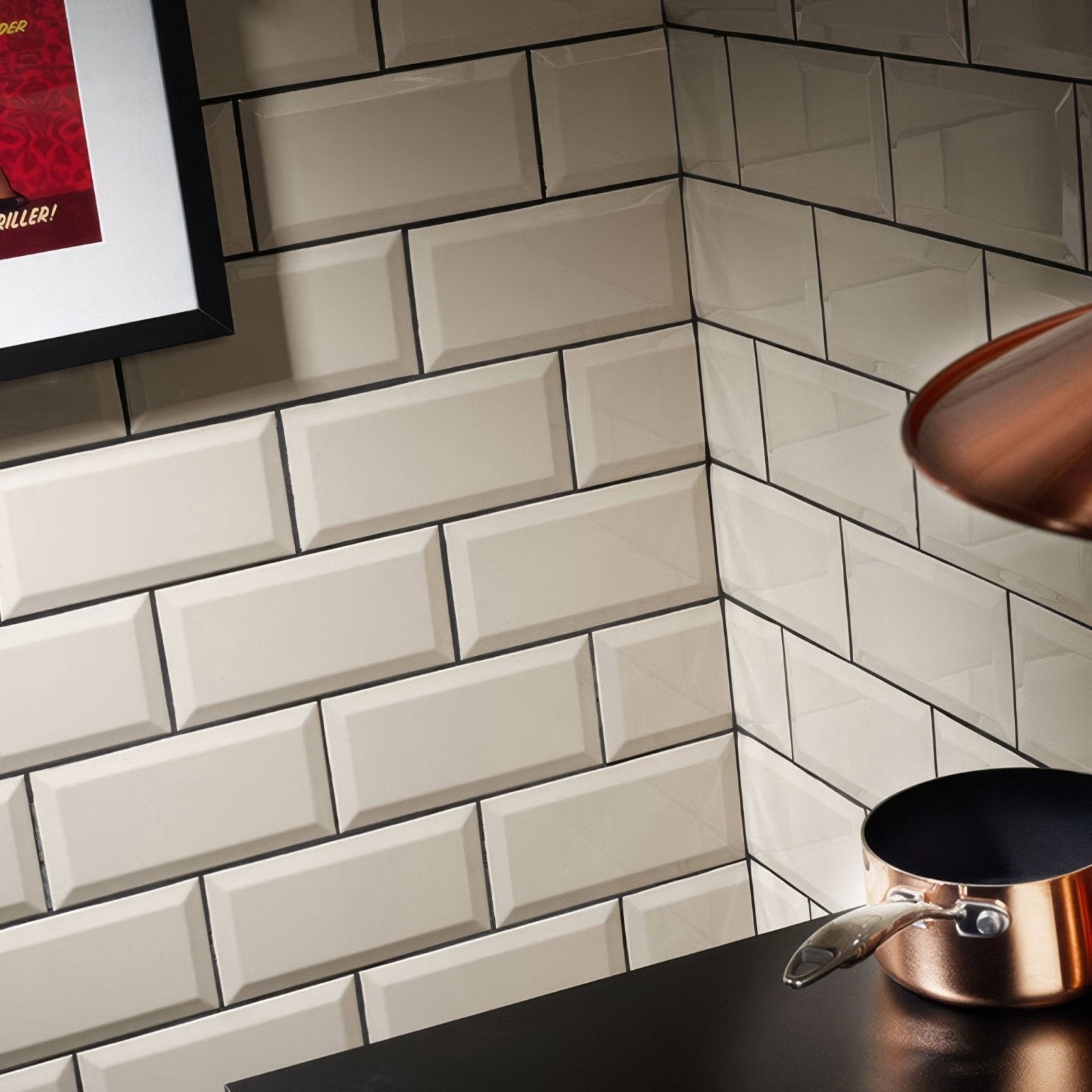 White subway tile metro bone ceramic gloss with black grout lines showcasing glossy ceramic material and classic design
