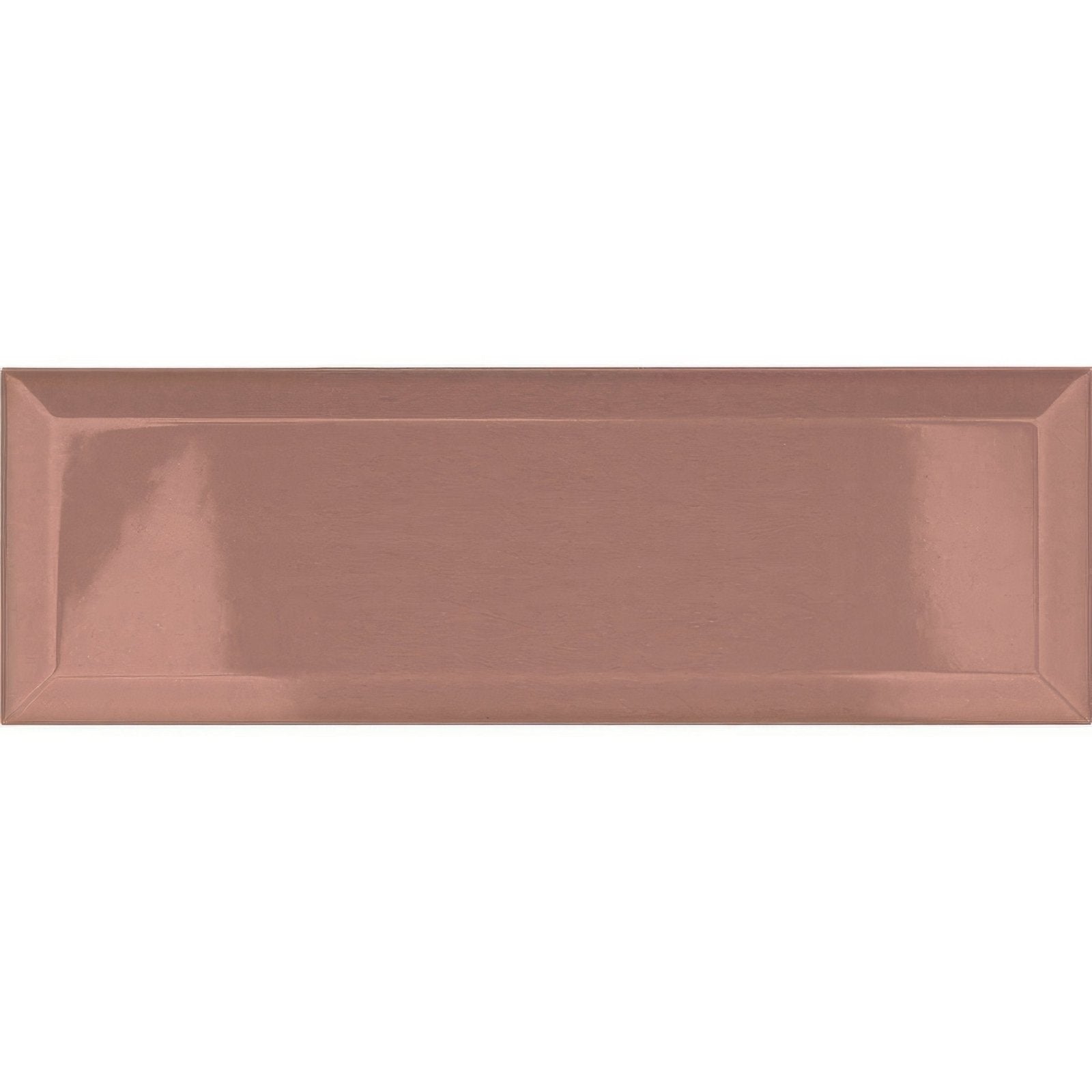 A sleek rectangular metro pink ceramic brick tile with glossy rose gold finish and subtle beveled edges