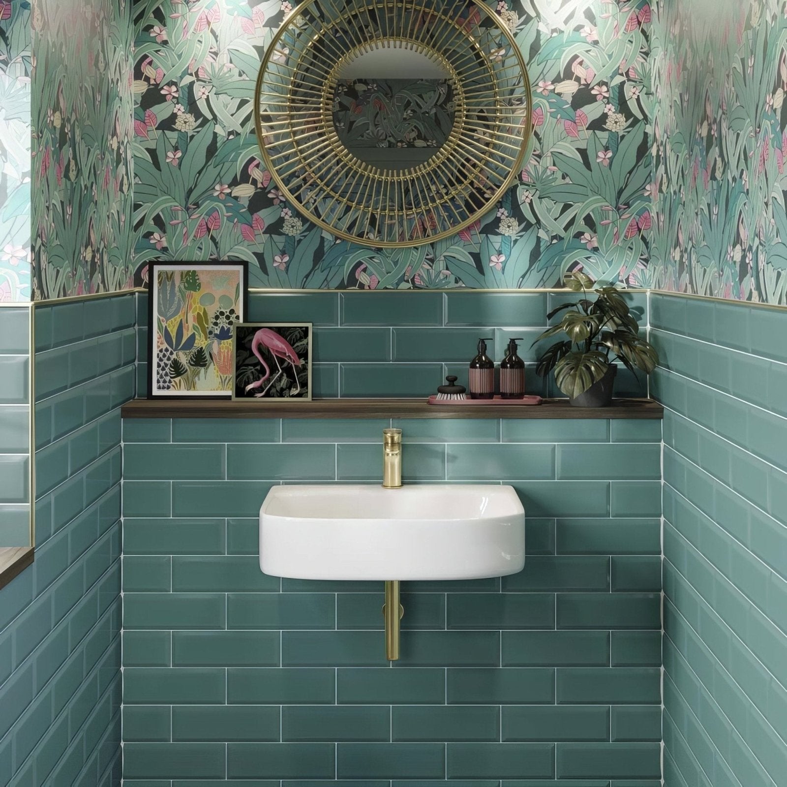 White ceramic wall-mounted sink with gold-toned faucet against metro turquoise ceramic brick tile background