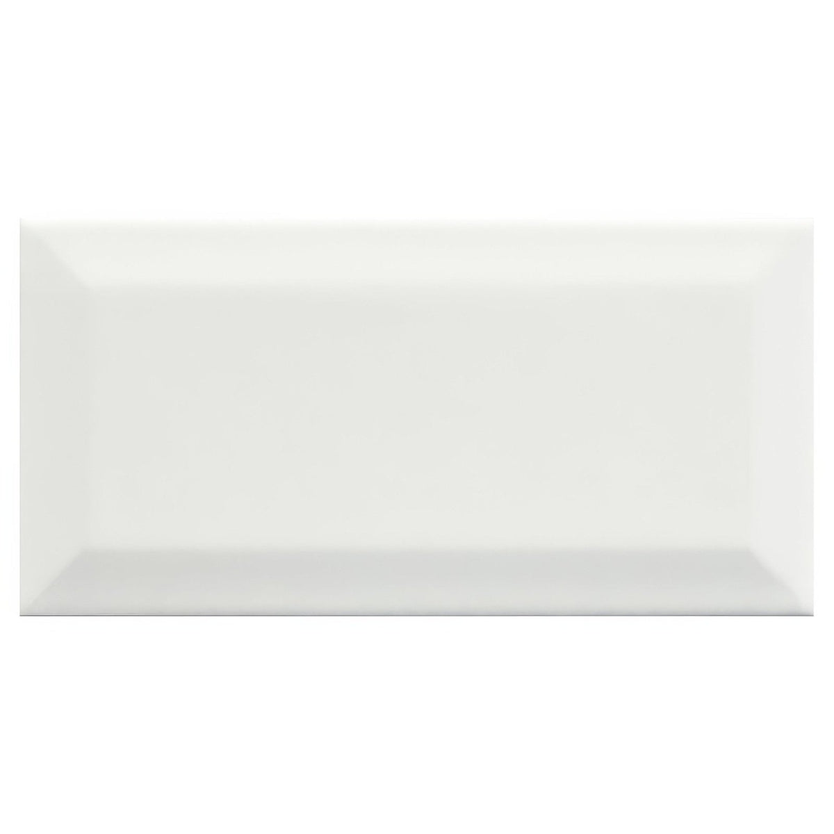 A sleek glossy white rectangular metro white ceramic gloss tile with a subtle beveled edge