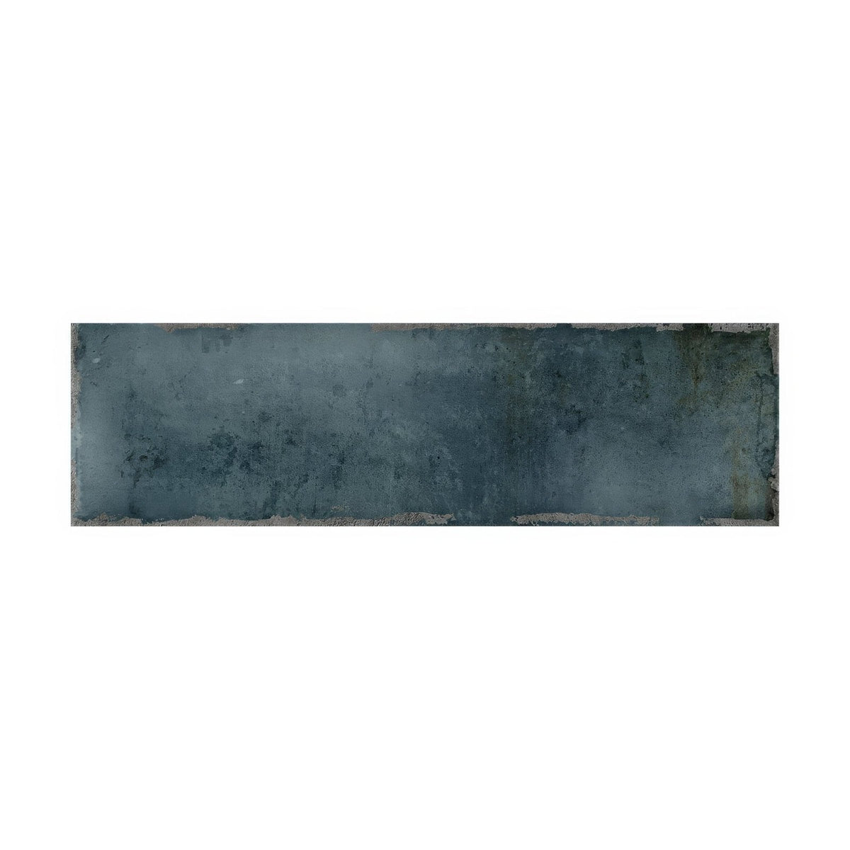 A rectangular ceramic tile metropolitan paris with distressed mottled blue gray glaze and slightly uneven edges