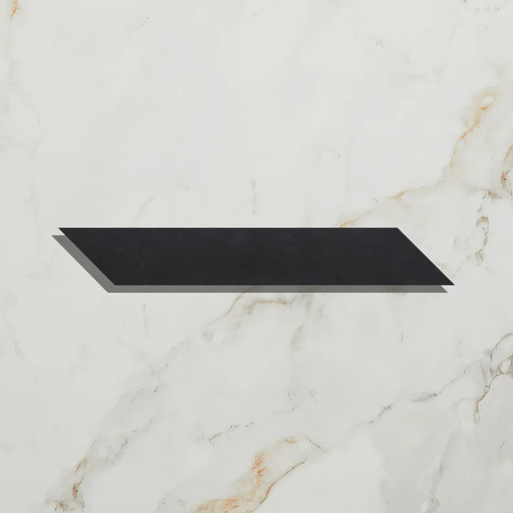 Black rectangular shelf with sleek minimalist design featuring metropolitan slate chevron riven finish