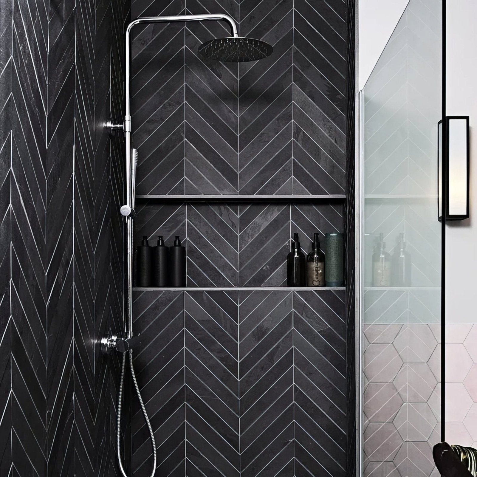 Metropolitan Slate Chevron Riven Finish in a bathroom setting