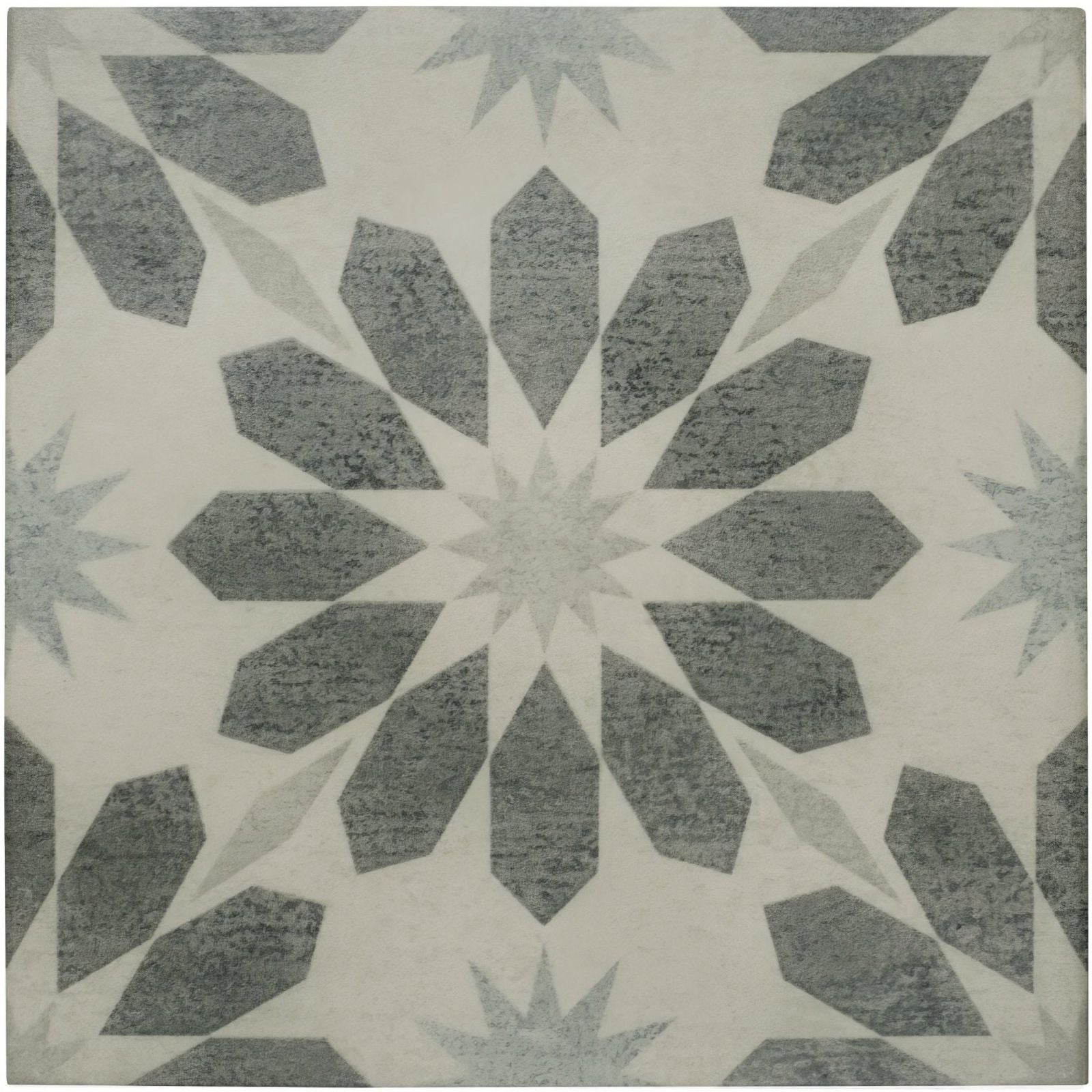 Mezzo aria gray and white geometric tile featuring a starburst pattern for stylish wall or floor decoration