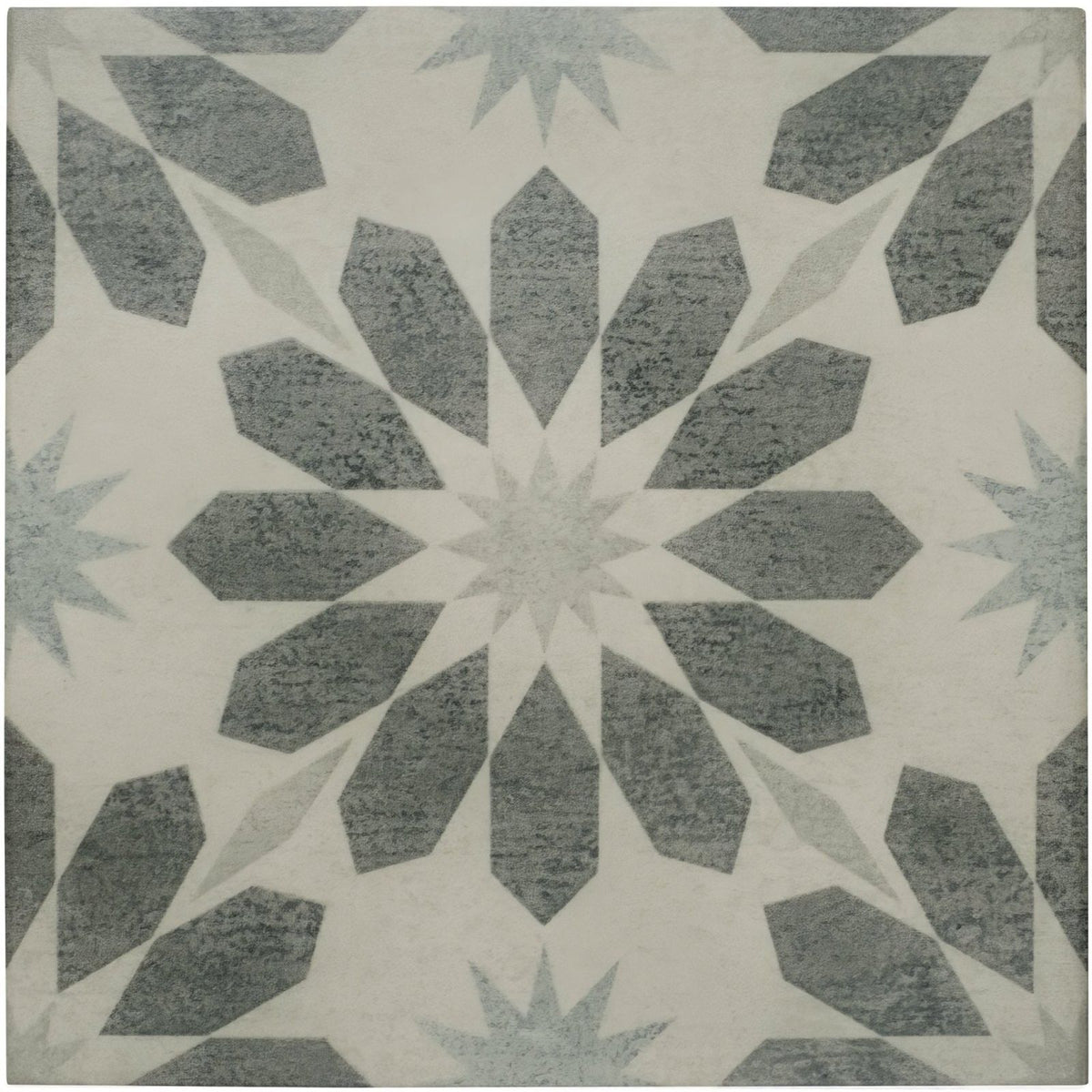 Mezzo aria gray and white geometric tile featuring a starburst pattern for stylish wall or floor decoration