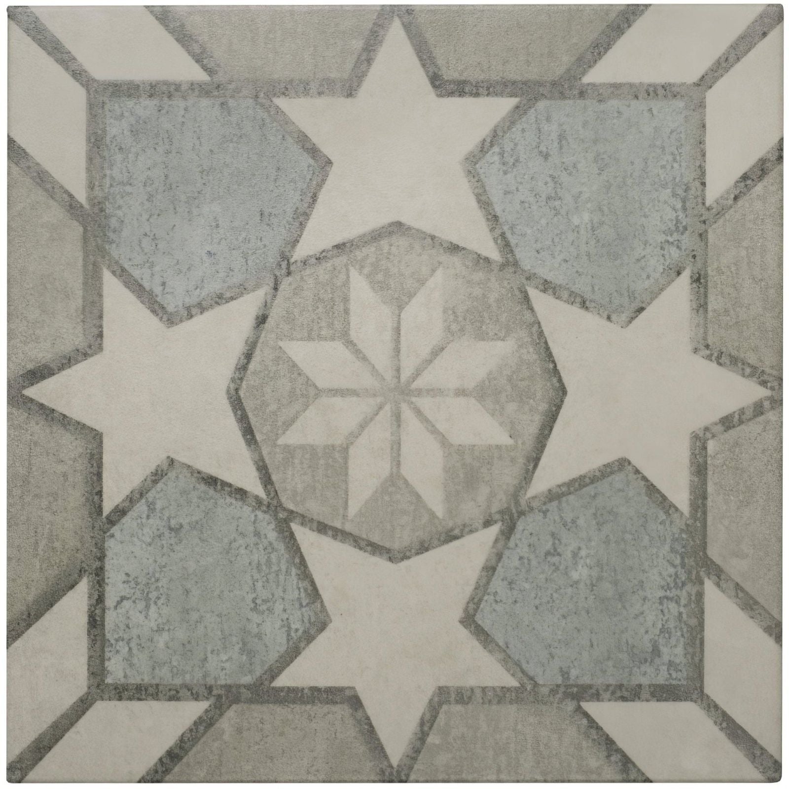 Gray and white geometric patterned tile with central star design from mezzo nocturne collection