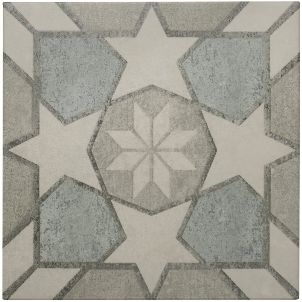 Gray and white geometric patterned tile with central star design from mezzo nocturne collection