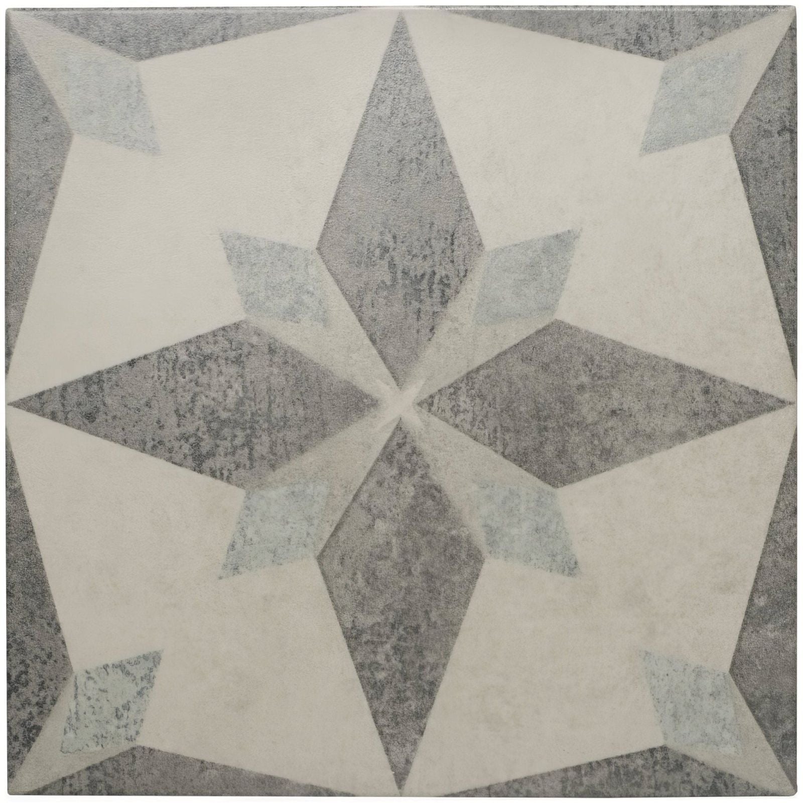 Mezzo opus gray and white geometric patterned tile with a distressed vintage-inspired finish for wall or floor use