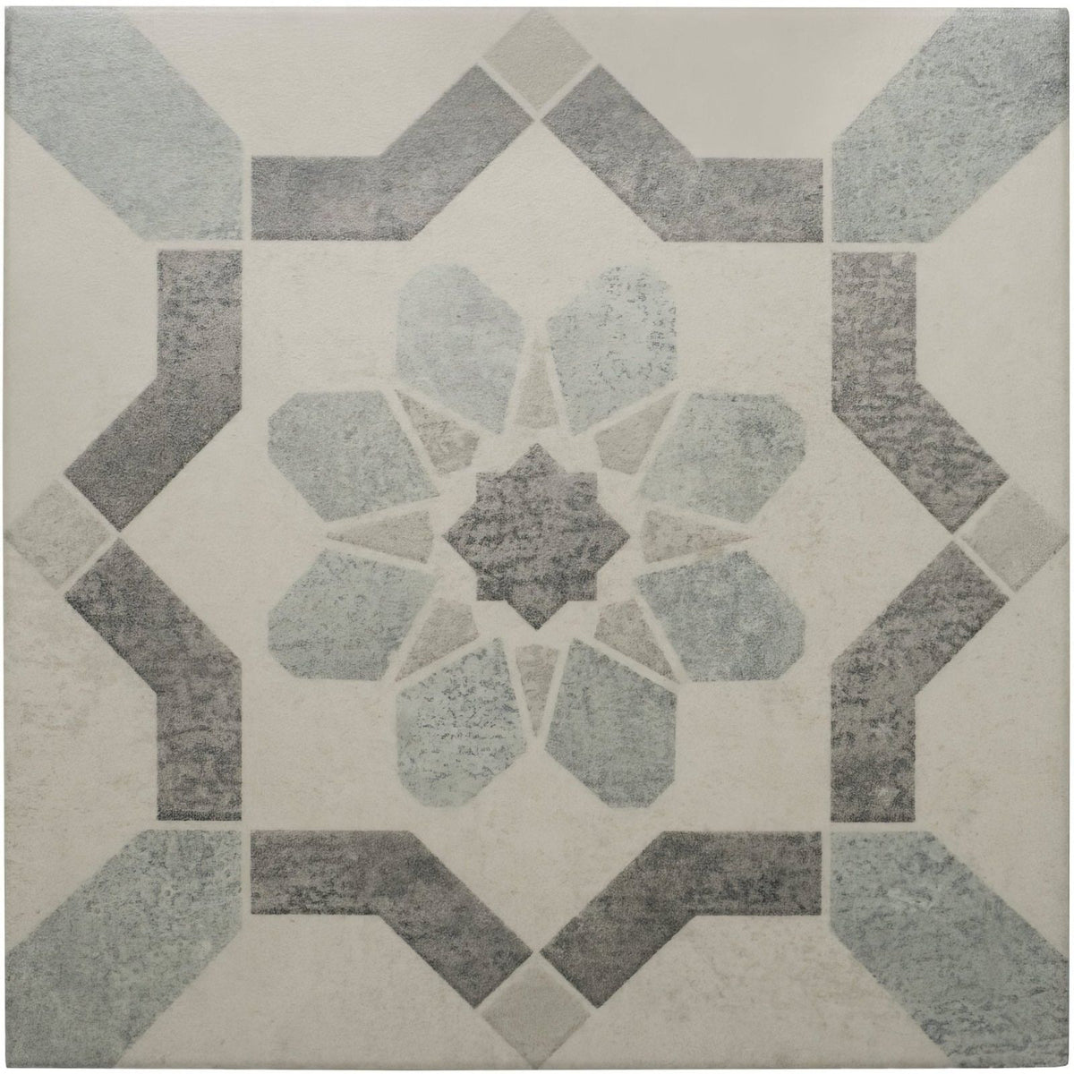 Mezzo Piano square mosaic tile with a symmetrical gray and off-white stone textured starburst geometric pattern