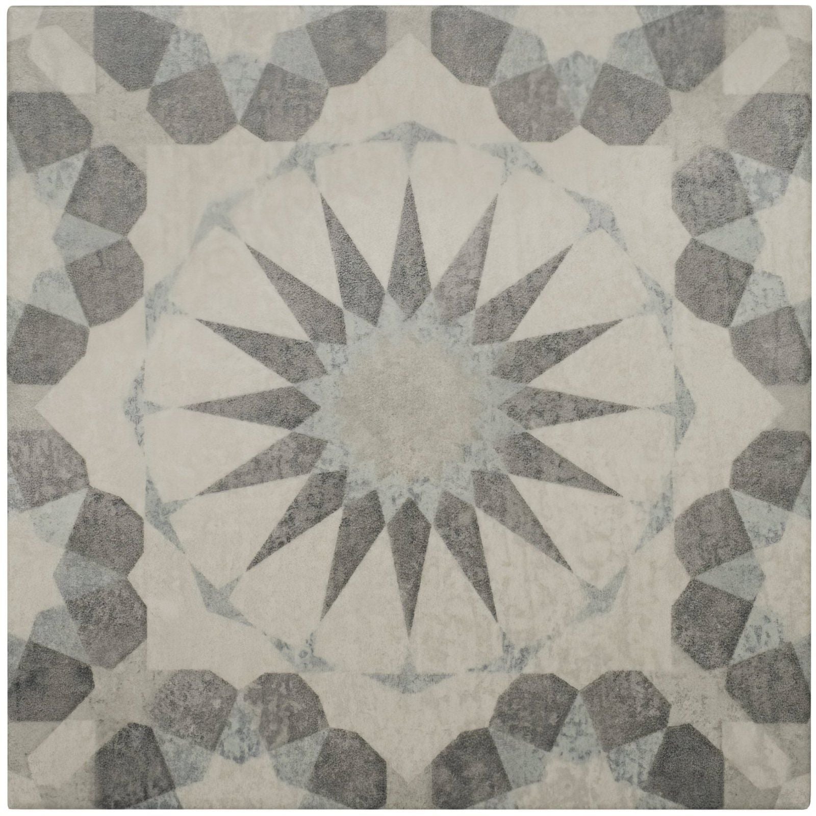 Gray and white geometric mosaic tile with starburst pattern for decorative wall and floor use titled Mezzo Rondo