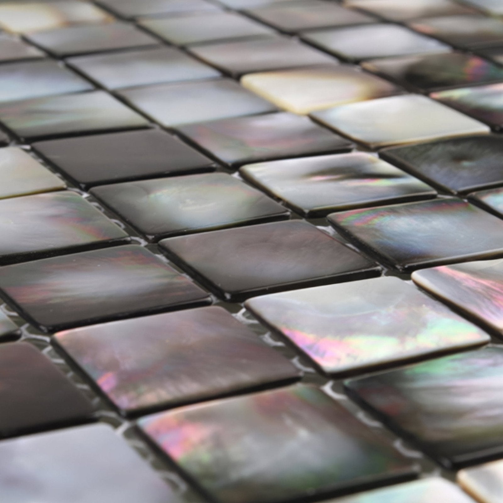 Iridescent midnight pearl 25mm square mosaic tiles with glossy dark base and pearlescent pink blue green highlights