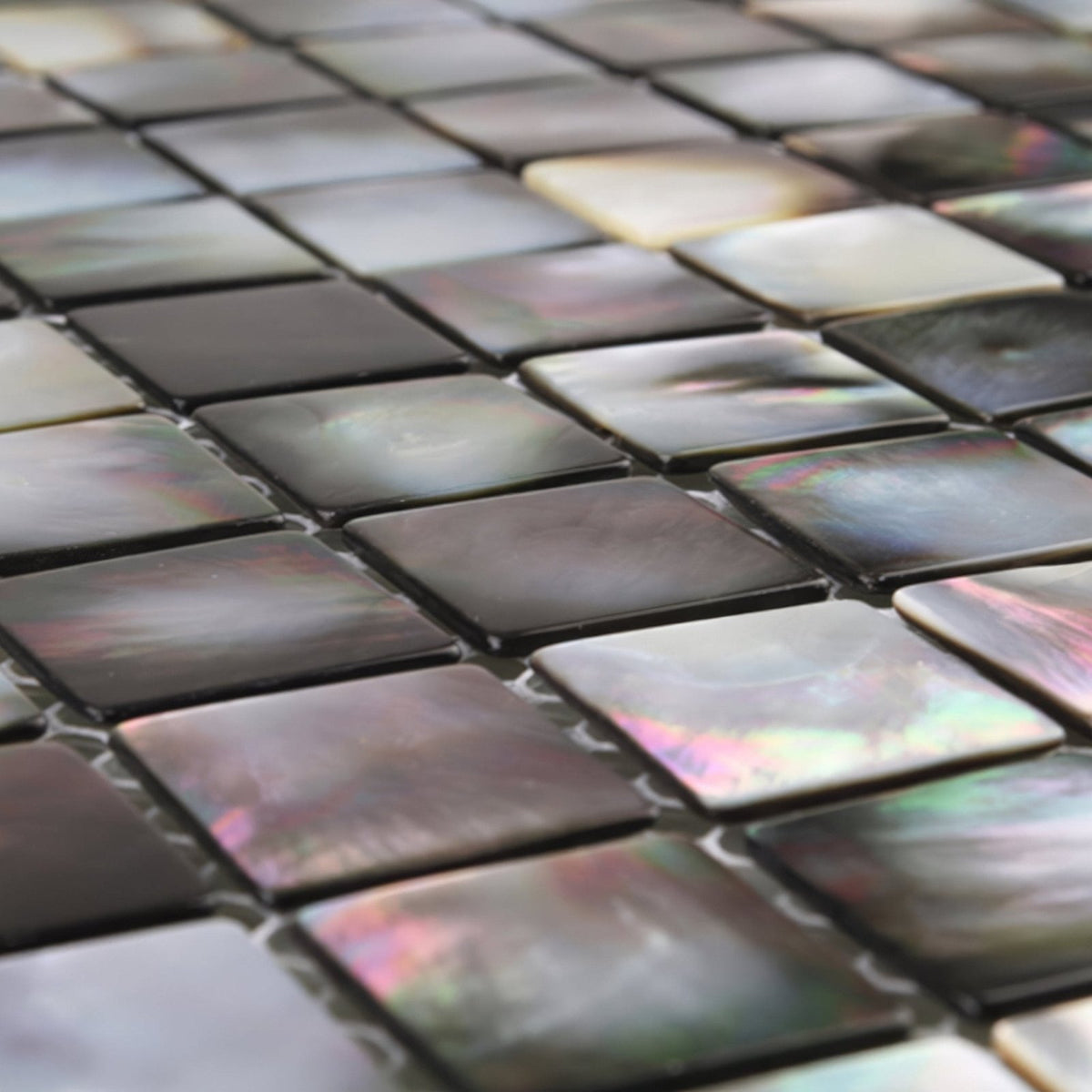 Iridescent midnight pearl 25mm square mosaic tiles with glossy dark base and pearlescent pink blue green highlights