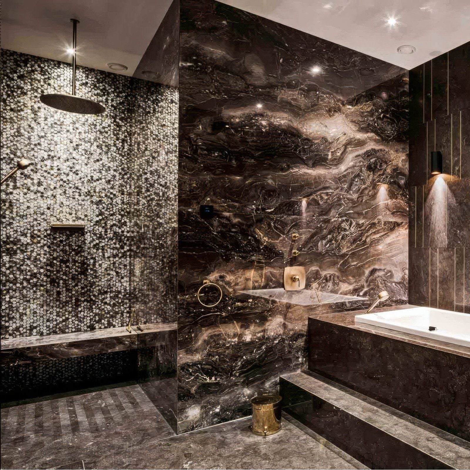 Midnight Pearl 25mm Square dark grey iridescent abalone shell mosaic walls with a white bathtub