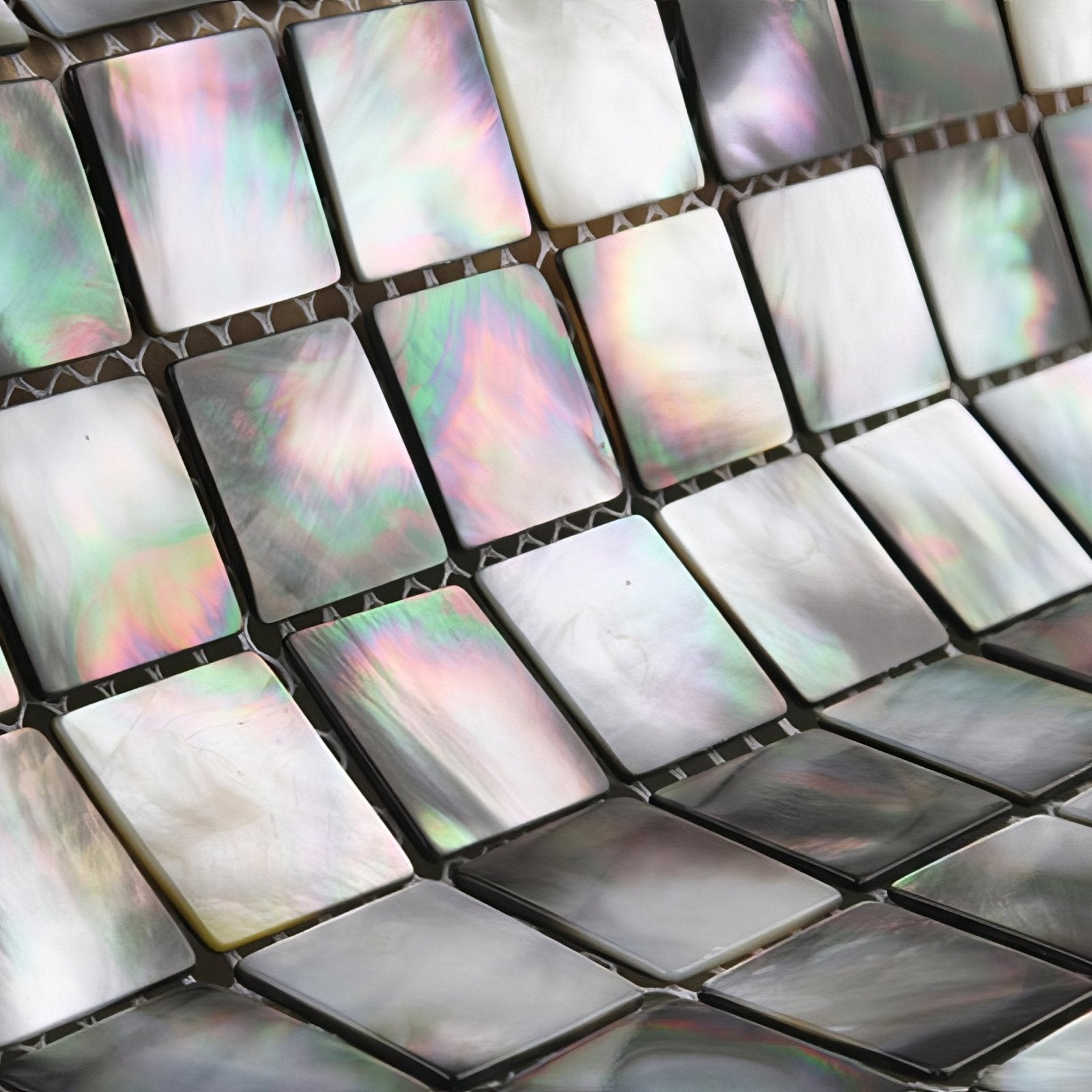 Iridescent rectangular mother-of-pearl mosaic tiles with shimmering pearlescent finish midnight pearl 25mm square