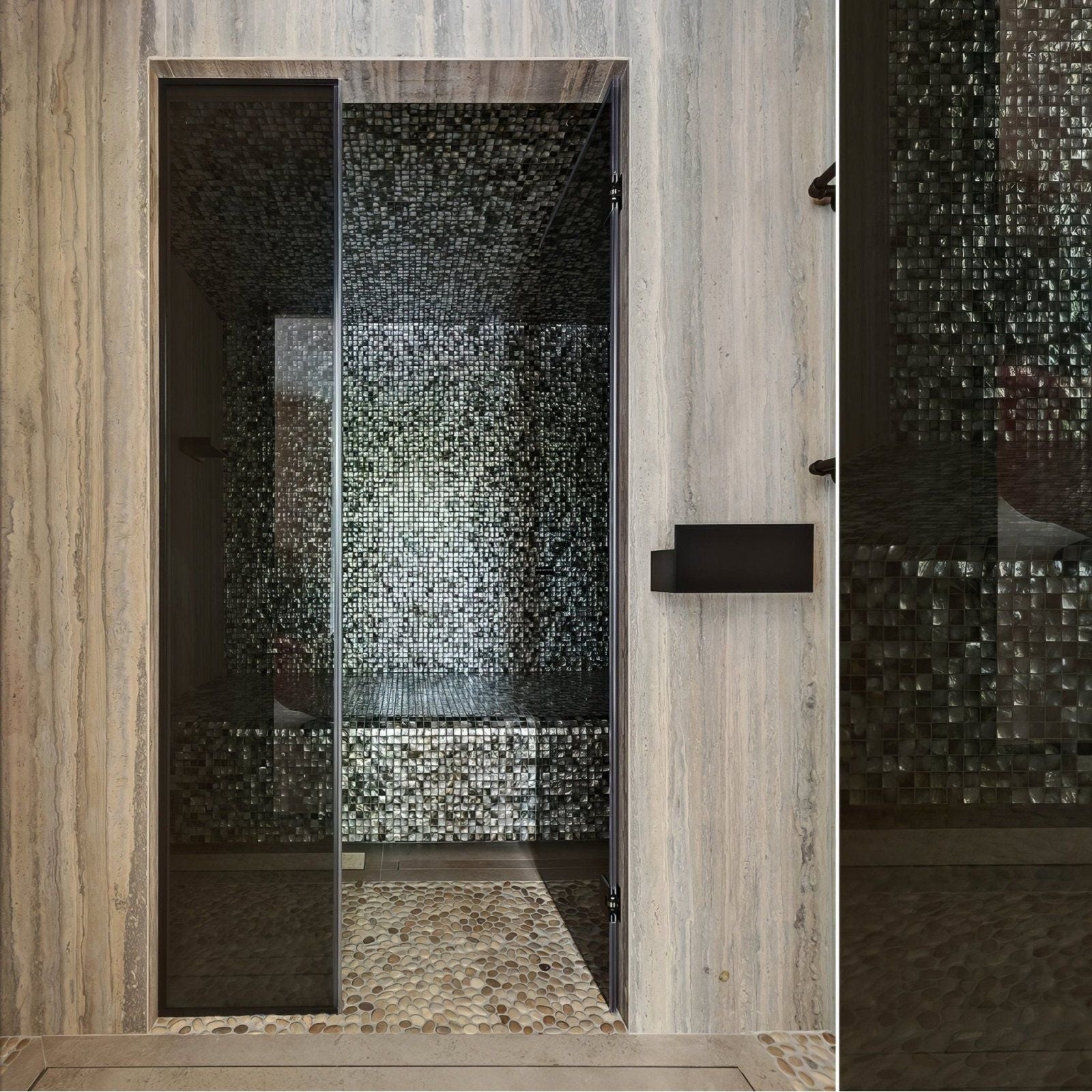 Modern sauna with sleek glass door and shimmering black mosaic 25mm square tiles called midnight pearl