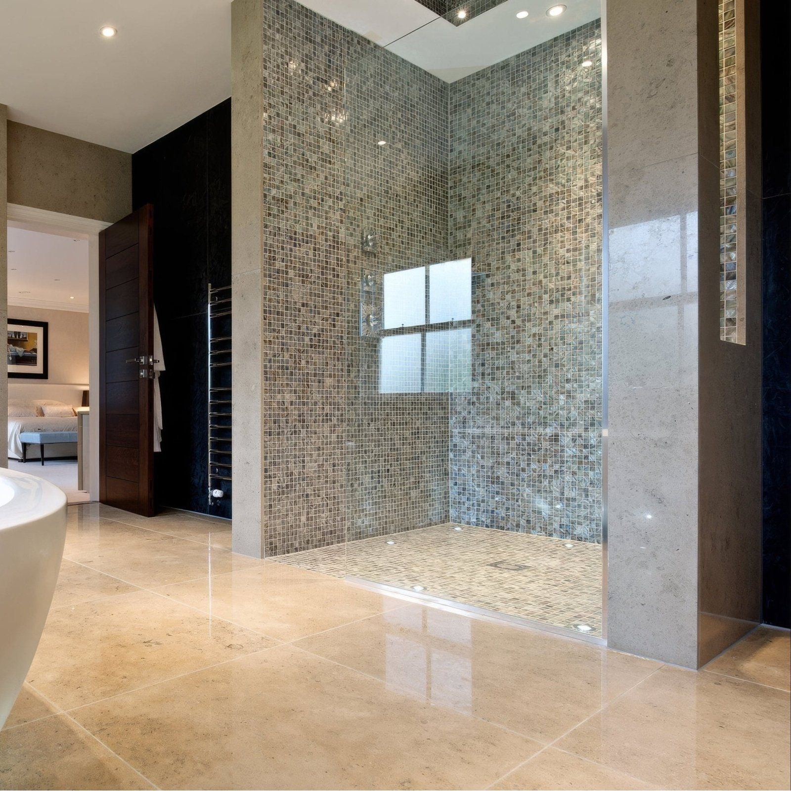 Midnight Pearl 25mm Square grey and silver iridescent abalone shell mosaic in a shower enclosure