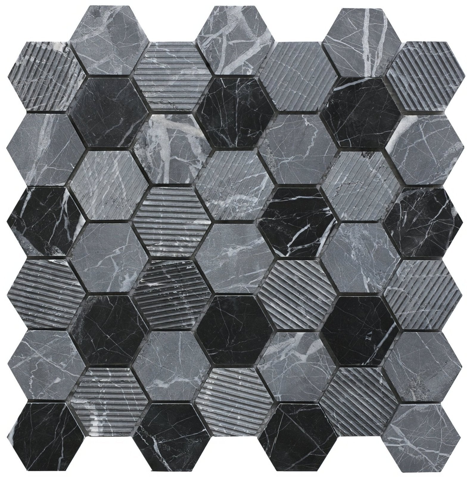 Midnight Stone Hexagon Mixed Finish Marble Mosaic