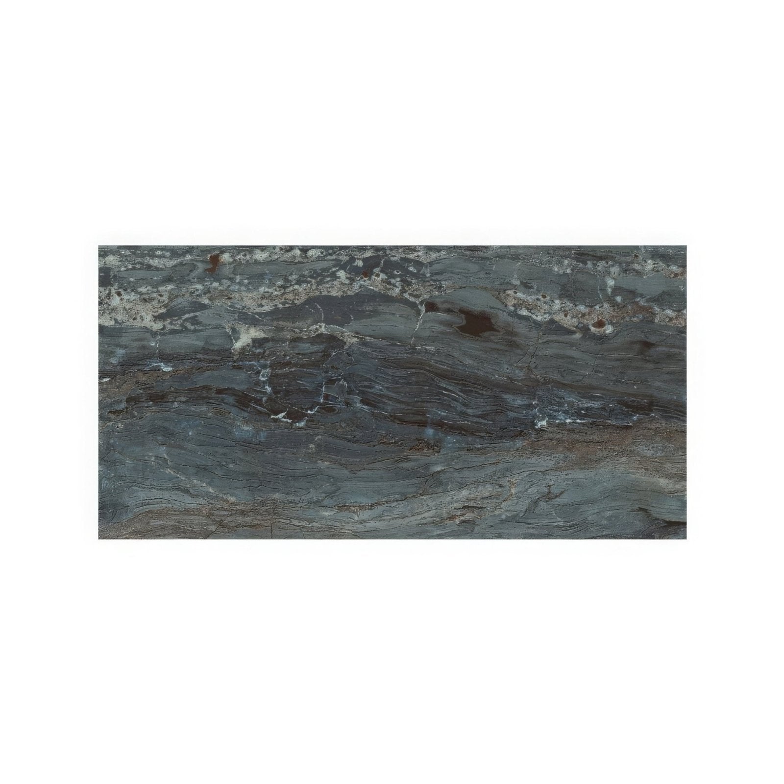 Milos blue 60 x 120cm dark gray marble slab with swirling lighter gray veining and subtle brown accents