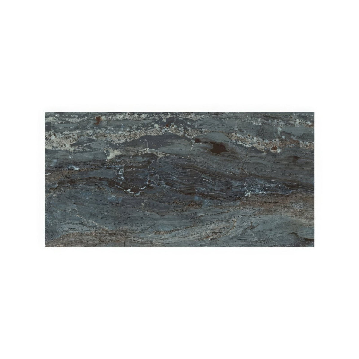 Milos blue 60 x 120cm dark gray marble slab with swirling lighter gray veining and subtle brown accents