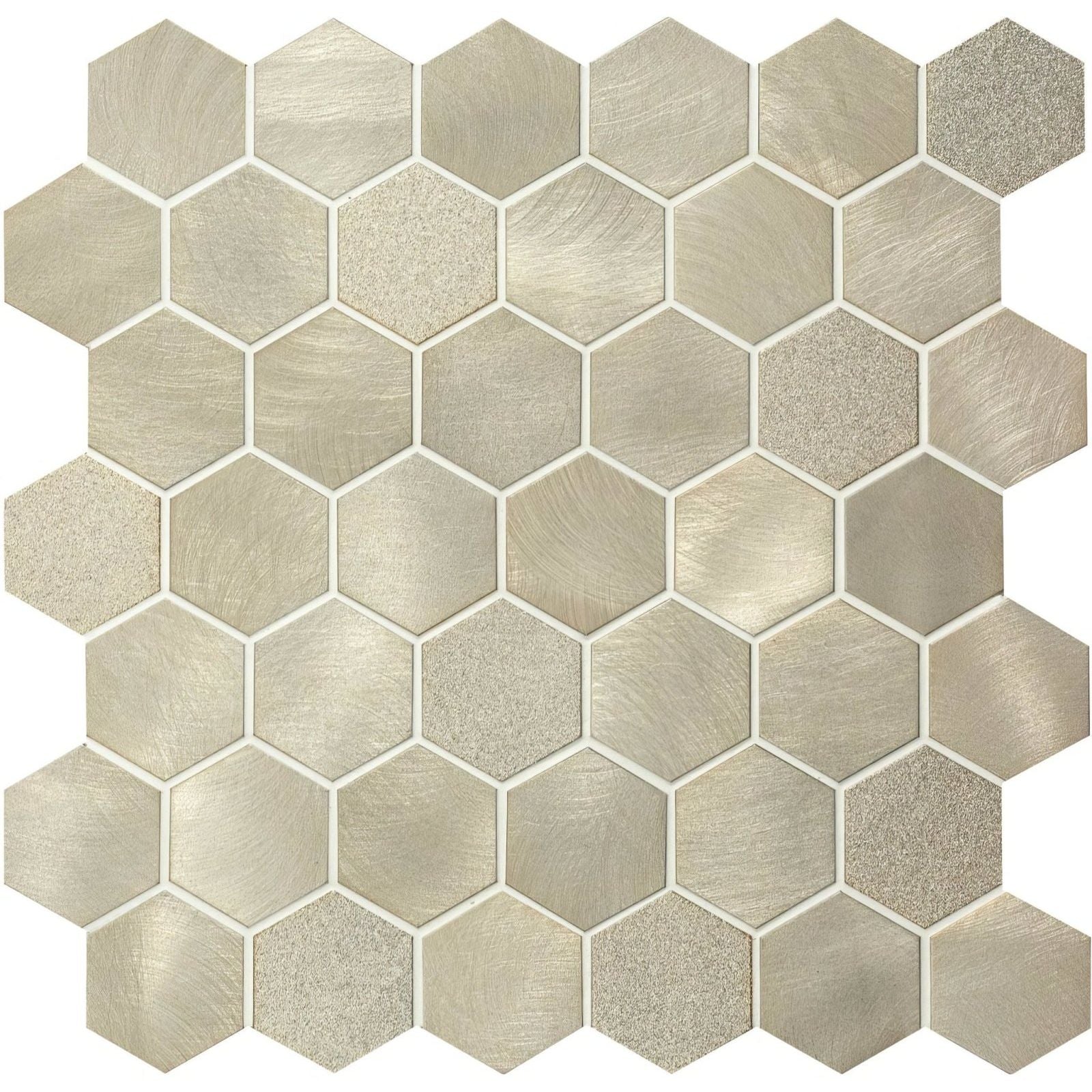Mimas gold mixed finish hexagon mosaic featuring hexagonal metallic tiles with brushed silver finish and subtle texture variations