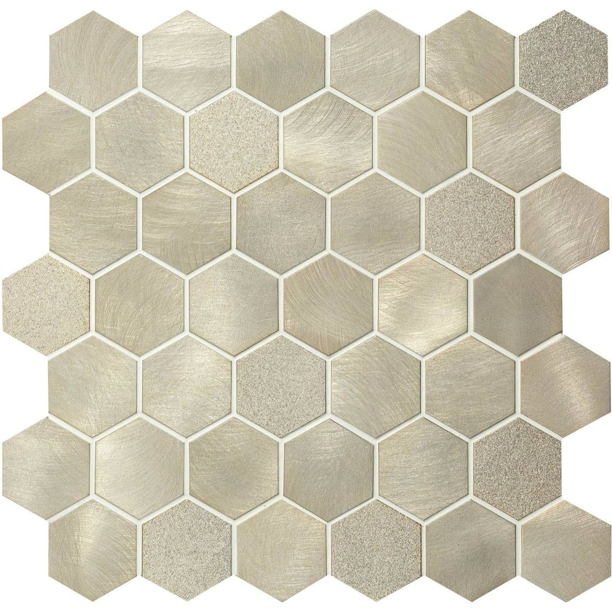 Mimas gold mixed finish hexagon mosaic featuring hexagonal metallic tiles with brushed silver finish and subtle texture variations