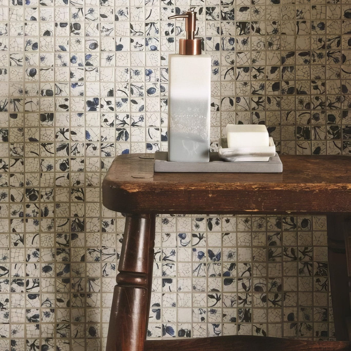 Ming Porcelain Mosaic blue and white cracked porcelain mosaic with a frosted glass soap dispenser