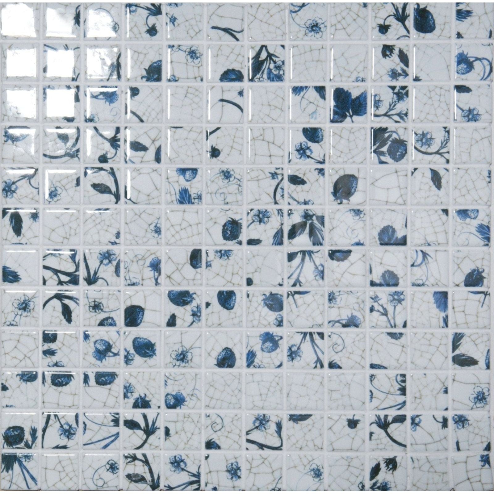Blue and white cracked ceramic mosaic tile with floral and fruit patterns from ming porcelain mosaic collection