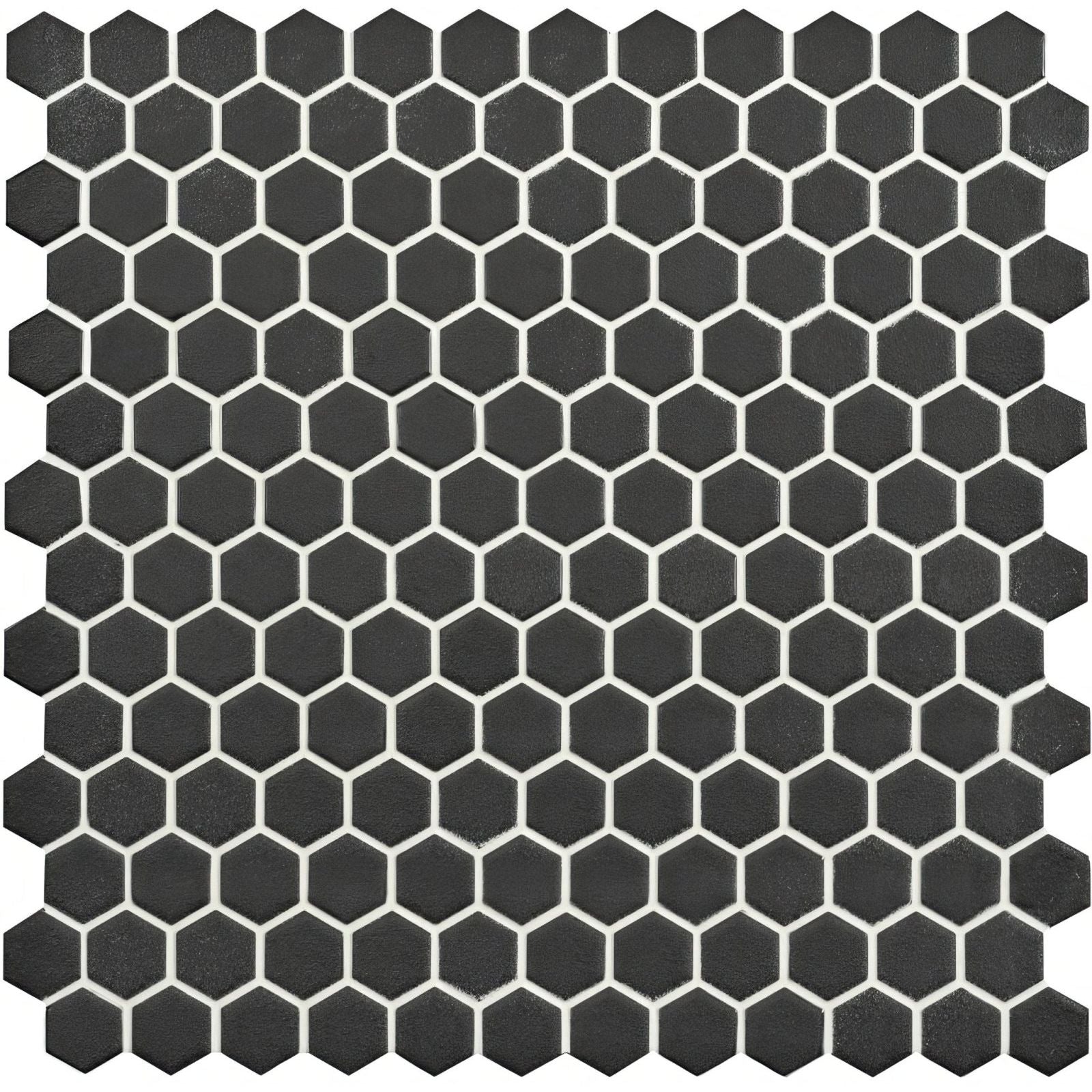 Mini black hexagon slip resistant mosaic tile with white grout lines for durable and safe flooring surfaces