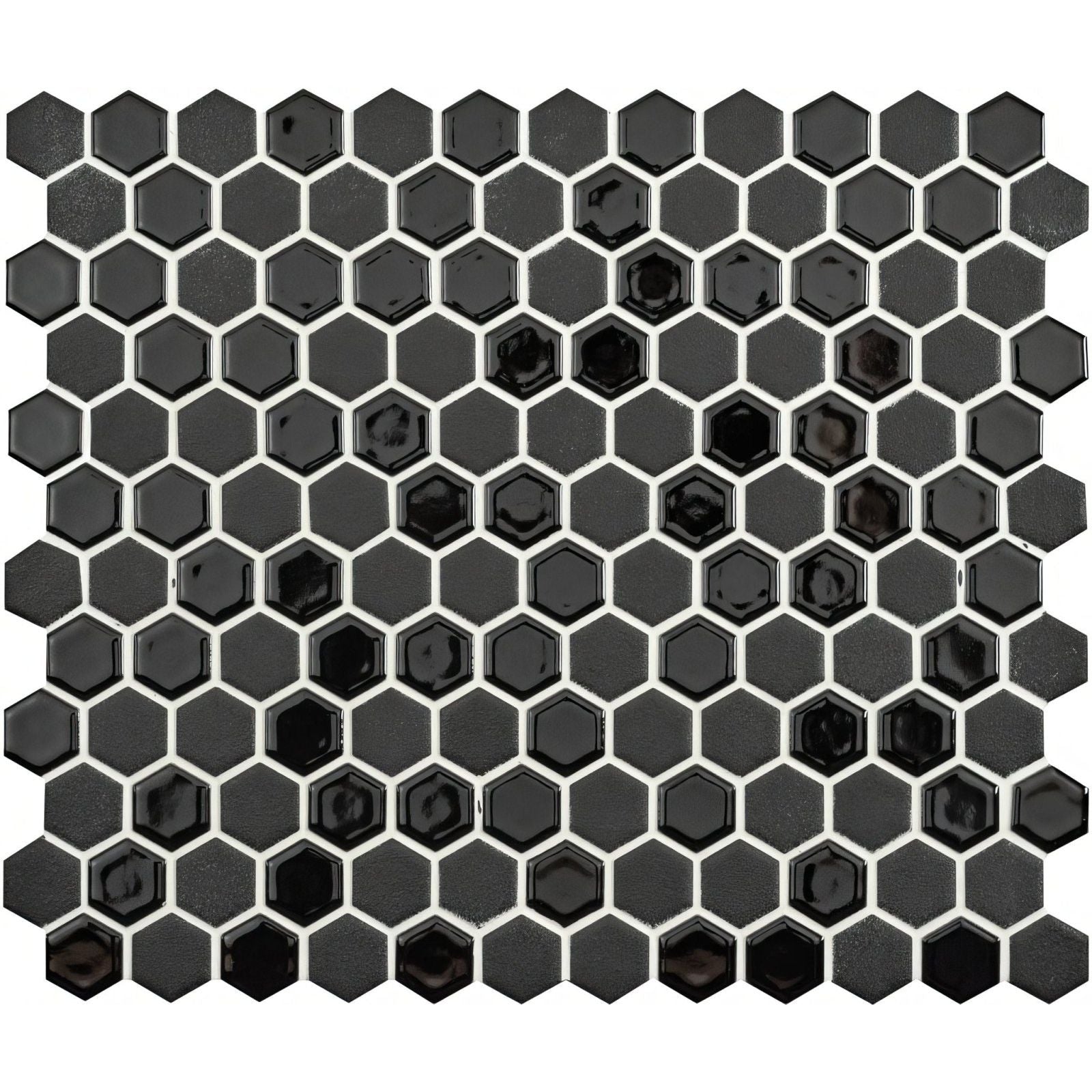 Mini black mixed hexagon glossy black glass mosaic tile with white grout lines for wall and floor decor